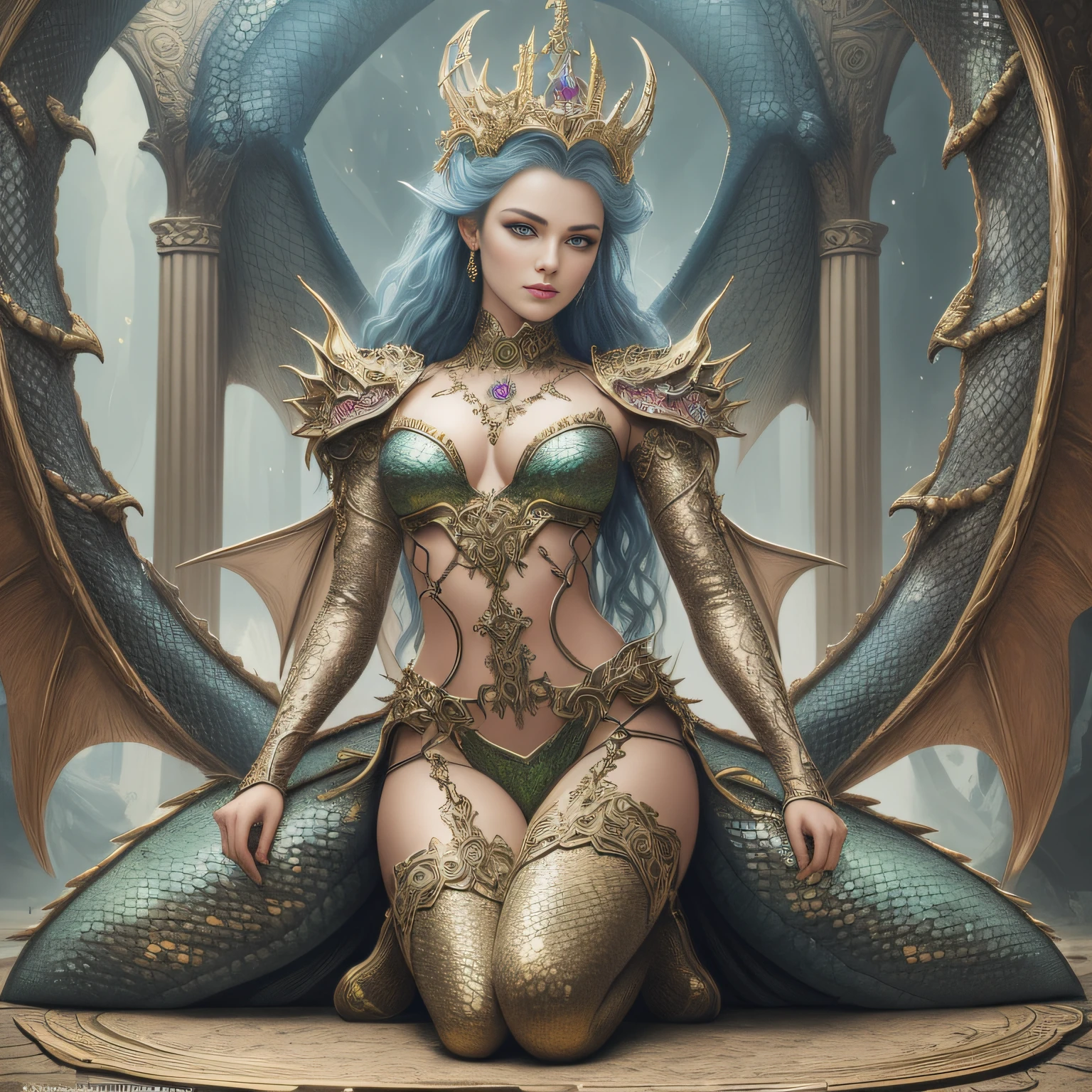 masterpiece, hyper realistic, detailed eyes, detailed face, a close up of a woman in a costume sitting on a floor, queen of dragons, dragon queen, fantasy woman, elf queen, detailed fantasy art, a beautiful fantasy empress, 4k fantasy art, dragon girl, amazing fantasy art, female lord of change, queen of snakes, beautiful elegant demon queen, the dragon girl portrait, epic fantasy art style hd