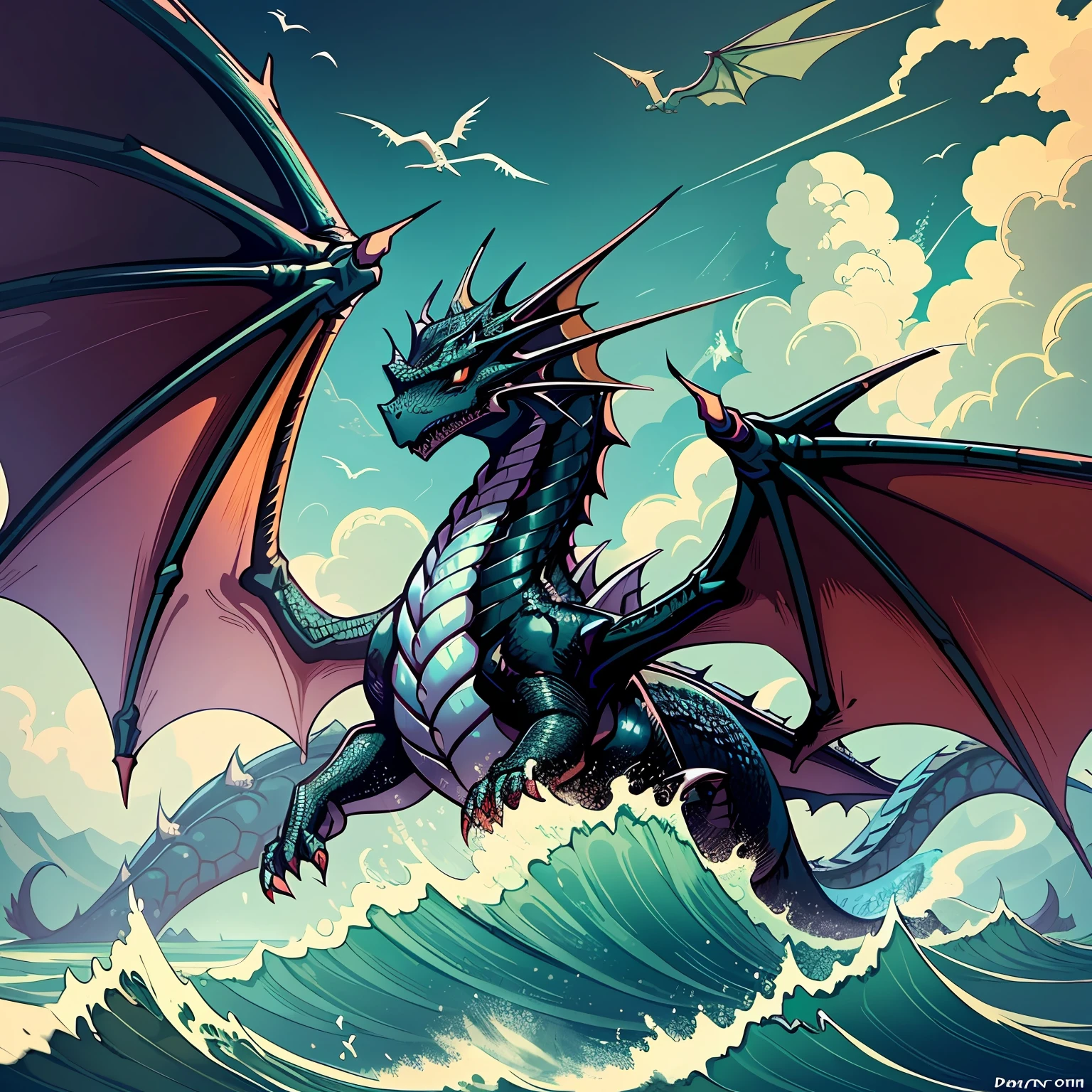 a black dragon flying through the ocean with its wings spread, dragon flying in ocean, dragon flying in the ocean, dragon flying, giant dragon flying in the ocean, dark dragon, dragon in the ocean, flying mythical beasts, flying dragon, a dragon made of flames, dragons flying in the ocean, epic dragon, legendary dragon, wyvern, dragon flying in the background