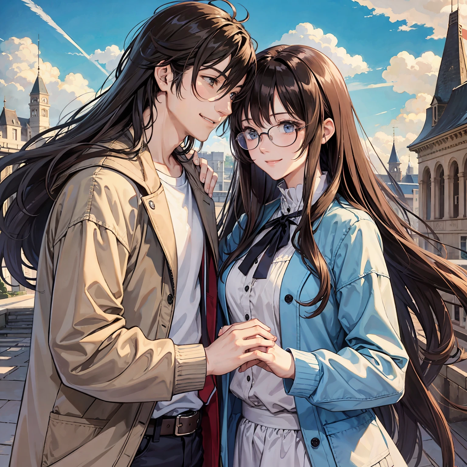 masterpiece, (anime), cute, romantic, best quality, 2others, couple, mature, adult, height difference, different fashion, different color, casual clothes, long sleeves, smile, happy, love, swirling wind, blue sky, man with long hair, man with light brown hair, woman with black hair, woman with long hair, woman with glasses, castle, affection --auto --s2