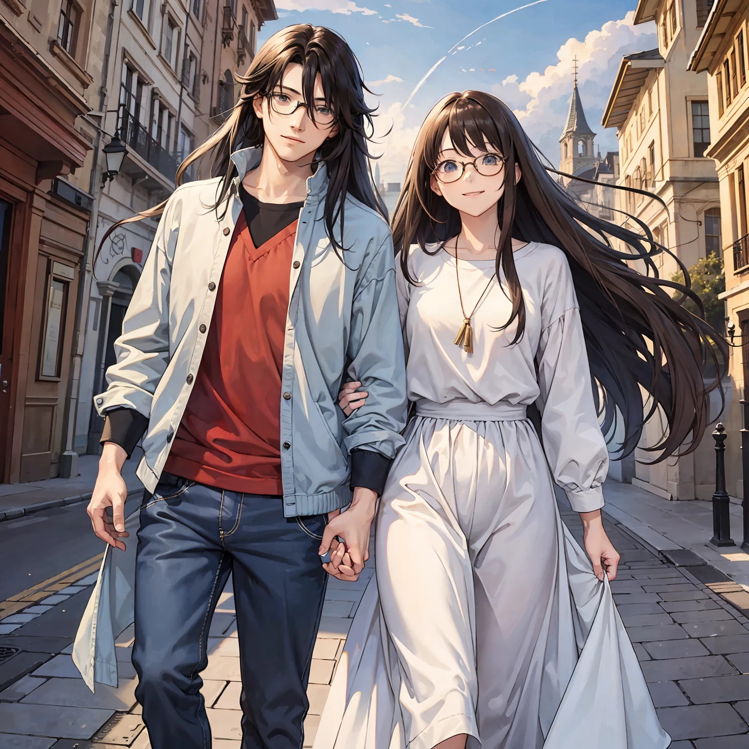 masterpiece, (anime), cute, romantic, best quality, 2others, couple, mature, adult, height difference, different fashion, different color, casual clothes, long sleeves, smile, happy, love, swirling wind, blue sky, man with long hair, man with light brown hair, woman with black hair, woman with long hair, woman with glasses, castle, affection --auto --s2