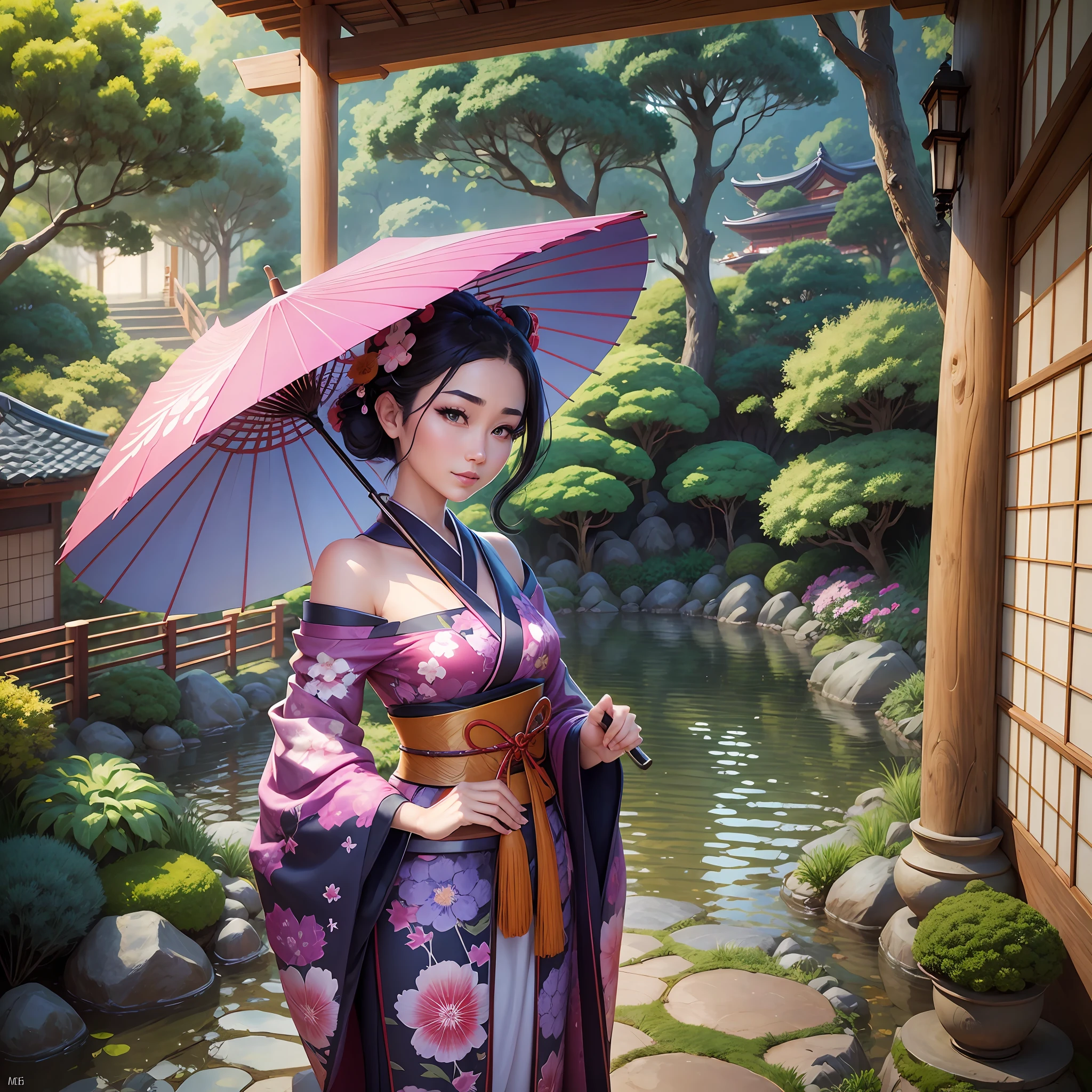 An extremely beautiful Japanese Gueisha, wearing a Gueisha clothing ,in a Japanese garden, holding an Japanese umbrella, pixar artstyle, emotional eyebrows, enigmatic smile, cinematic rim light, very feminine figure, dynamic juxtaposition, young woman, very high quality face, exploitable image, face neck shoulders, beautiful very feminine woman, stylized dynamic folds, serene woman, Pixar artstyle