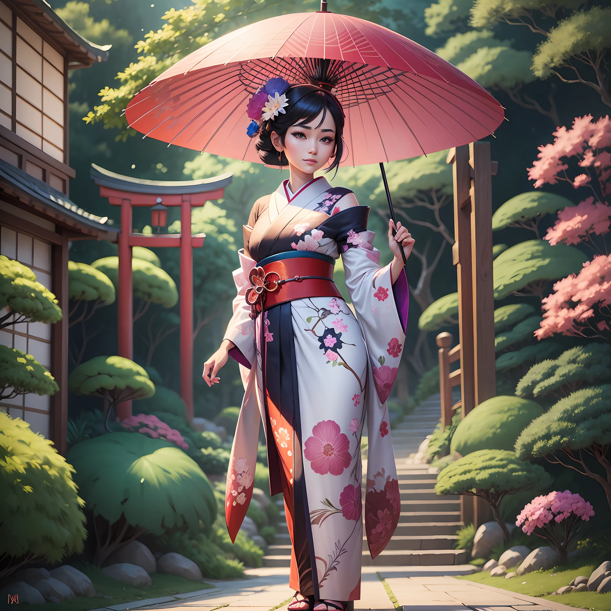 An extremely beautiful Japanese Gueisha, wearing a Gueisha clothing ,in a Japanese garden, holding an Japanese umbrella, pixar artstyle, emotional eyebrows, enigmatic smile, cinematic rim light, very feminine figure, dynamic juxtaposition, young woman, very high quality face, exploitable image, face neck shoulders, beautiful very feminine woman, stylized dynamic folds, serene woman, Pixar artstyle