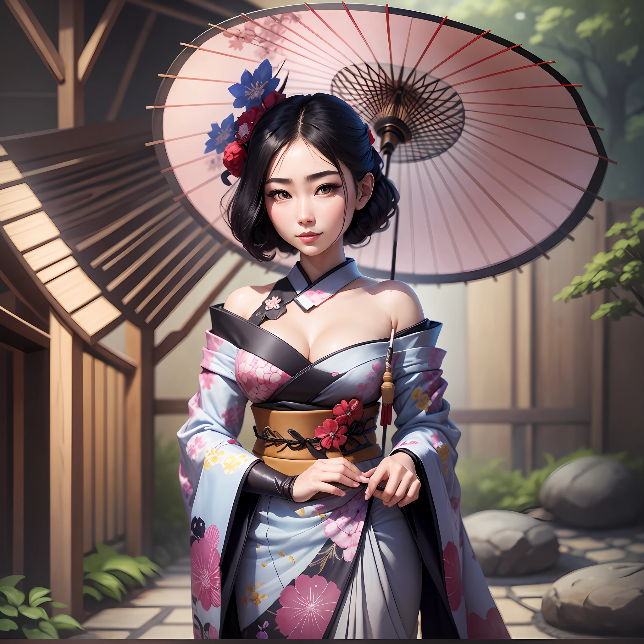 An extremely beautiful Japanese Gueisha, wearing a Gueisha clothing ,in a Japanese garden, holding an Japanese umbrella, pixar artstyle, emotional eyebrows, enigmatic smile, cinematic rim light, very feminine figure, dynamic juxtaposition, young woman, very high quality face, exploitable image, face neck shoulders, beautiful very feminine woman, stylized dynamic folds, serene woman, Pixar artstyle