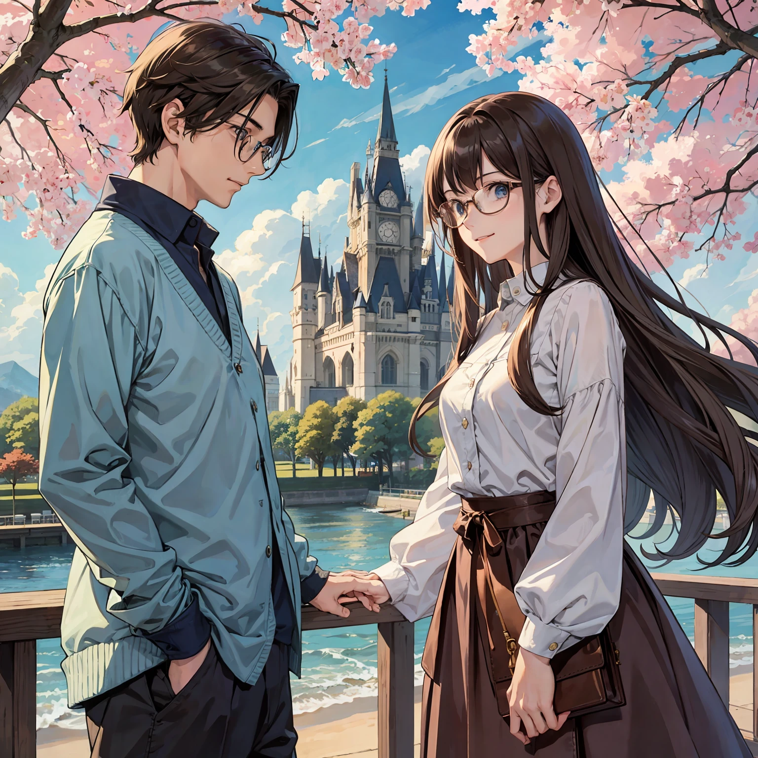 masterpiece, (anime), cute, romantic, best quality, 2others, couple, mature, adult, height difference, different fashion, different color, casual clothes, long sleeves, smile, happy, love, swirling wind, blue sky, long-haired man, light brown haired man, black-haired woman, long-haired woman, bespectacled woman, castle, work --auto --s2