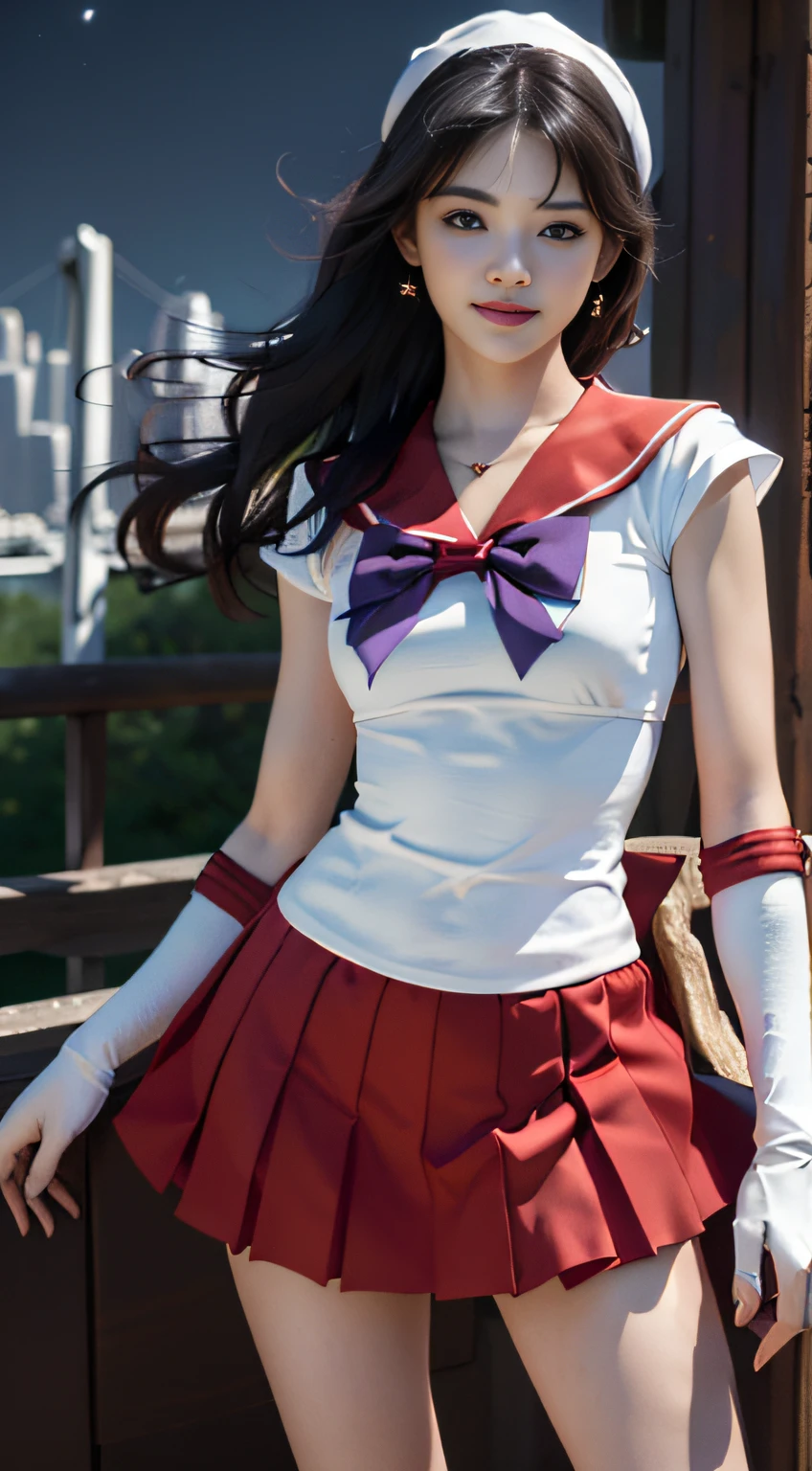 ((HD Realistic, SAMA1 Level)), Extreme Realistic, Masterpiece, Best Quality, High Resolution, SAMA1, Headwear, Sailor Sensi Uniform with Medium Chest, White Gloves, Red Sailor Collar, Red Skirt, Star Necklace, Elbow Gloves, Pleated Skirt, Bare Legs, Purple Bow, Standing, Space, Moon, Charming Smile, Stunning Beauty, Full Body Photo