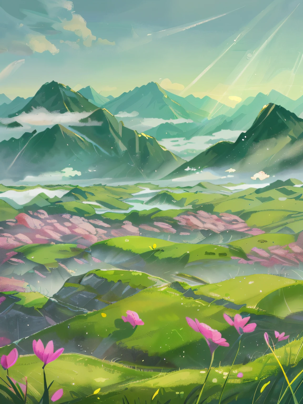 The rain solar term indicates that spring is coming, the earth is beginning to become wet, and the water droplets are crystal clear on the petals. The grass on the field becomes more emerald green, the mountains in the distance are surrounded by clouds and mist, noise illustration, Chinese elements, with good particle texture, high detail, super detail, super resolution