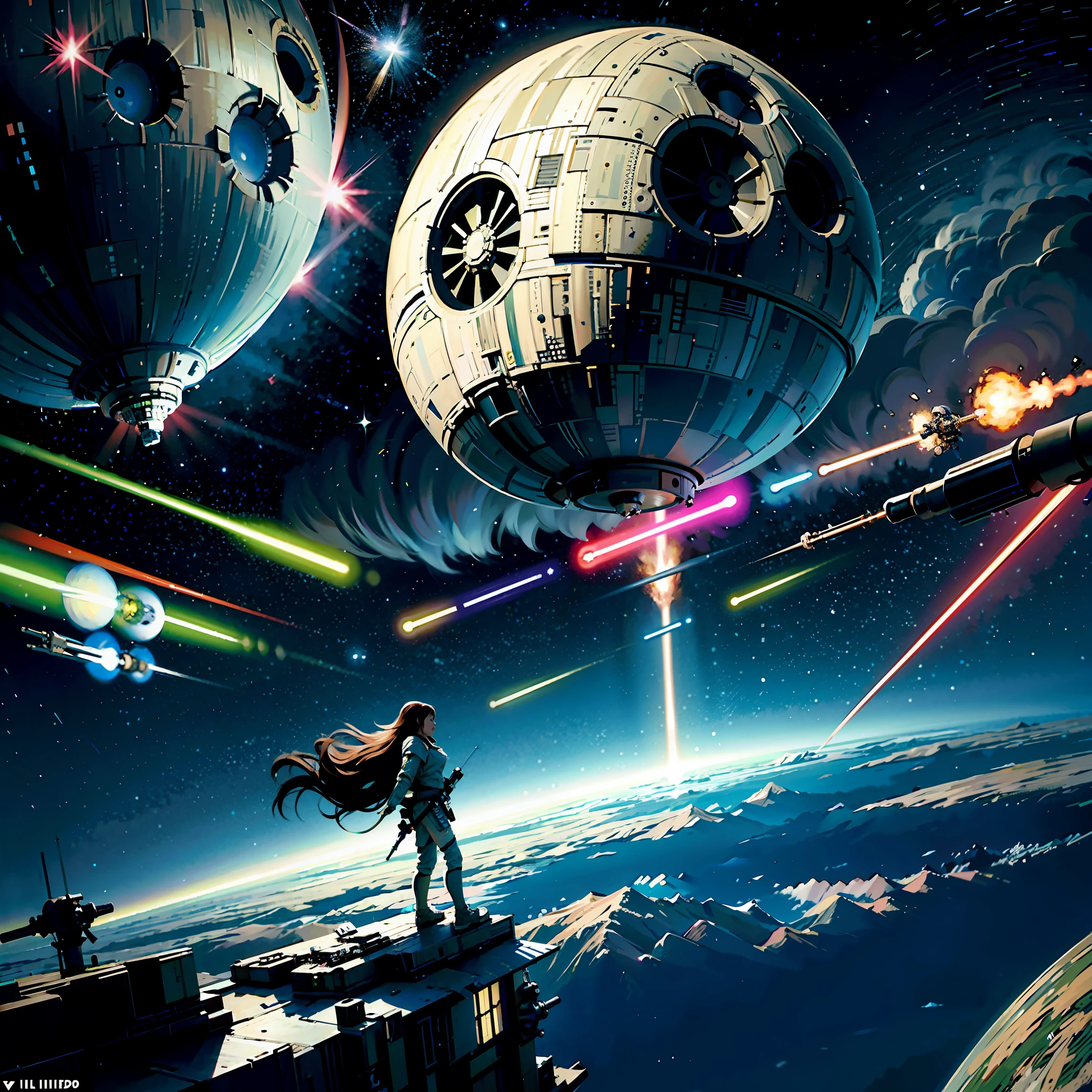 "(((best quality))),(((ultra detailed))),(((masterpiece))),illustration, epic space battle, Jedi Knight wielding a lightsaber, intense close-quarters combat, Millennium Falcon dodging enemy fire, Darth Vader leading the Imperial fleet, aerial dogfights between X-Wings and TIE Fighters, Rebel Alliance fighting against the Galactic Empire, cinematic camera angles capturing the chaos, futuristic spacecraft designs, iconic Death Star looming in the background, vibrant interstellar backdrop with swirling nebulas and distant stars"