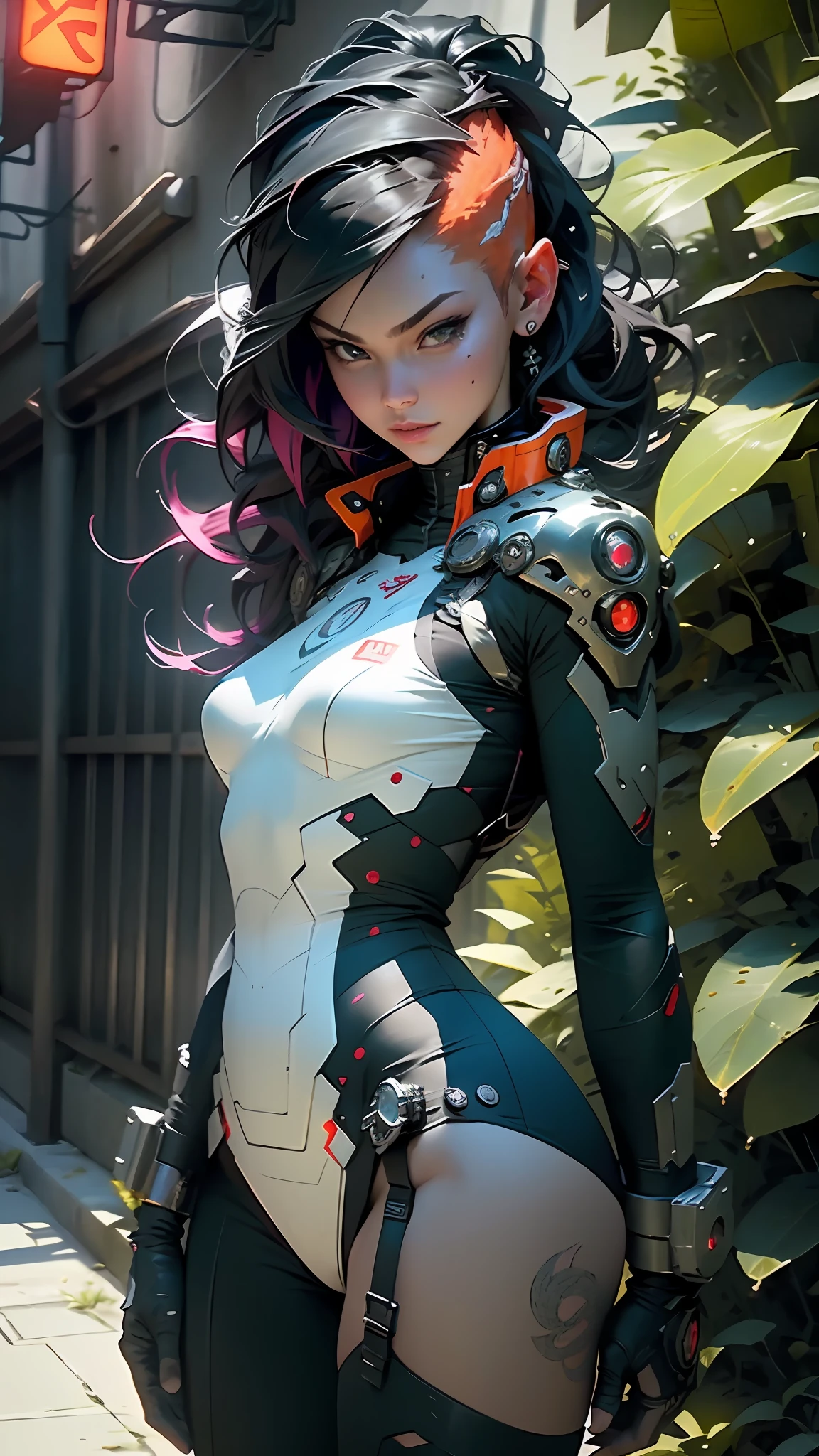 (original), (very detailed wallpaper), very detailed illustrations, (1 girl), beautiful eyes, (delicate face), perfect details, very young girl of defined body thick thighs parts of the covered by technological clothing, ((large breasts)), full body, perfect, inverted neckline, green mohawk hair with red and white locks, tiny underwear, wide garter belt, by mucha, niji, close to real, best quality, almost naked, mouth closed, action pose, Tank Girl, Vampirella, tech city background, orange and dark blue outfit, shark mouth drawn on top of clothing, Chinese demon tattoos on arms, stylish energy \(module\), repairing, (better lighting), (supercomplex detail), 4K Unity, (super detailed CG: 1.2), (8K: 1.2), realistic, HDR (High Dynamic Range), Ray Tracing, NVIDIA RTX,Super-Resolution,Unreal 5,Subsurface Dispersion, PBR Texture, Post-processing, Anisotropic Filtering, Depth of Field, Maximum Clarity and Sharpness, Multilayer Textures, Albedo and Specular Maps, Surface Shading, Accurate Simulation of Light-Material Interaction, Perfect Proportions, Octane Render, Two-Tone Lighting, Wide Aperture, Low ISO, White Balance, Rule of Thirds, 8K RAW, Crysisnanosuit