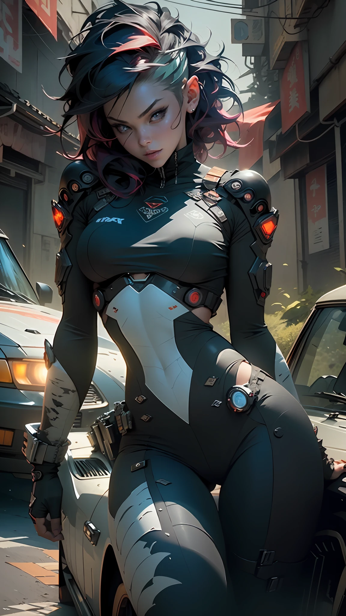 (original), (very detailed wallpaper), very detailed illustrations, (1 girl), beautiful eyes, (delicate face), perfect details, very young girl of defined body thick thighs parts of the covered by technological clothing, ((large breasts)), full body, perfect, inverted neckline, green mohawk hair with red and white locks, tiny underwear, wide garter belt, by mucha, niji, close to real, best quality, almost naked, mouth closed, action pose, Tank Girl, Vampirella, tech city background, orange and dark blue outfit, shark mouth drawn on top of clothing, Chinese demon tattoos on arms, stylish energy \(module\), repairing, (better lighting), (supercomplex detail), 4K Unity, (super detailed CG: 1.2), (8K: 1.2), realistic, HDR (High Dynamic Range), Ray Tracing, NVIDIA RTX,Super-Resolution,Unreal 5,Subsurface Dispersion, PBR Texture, Post-processing, Anisotropic Filtering, Depth of Field, Maximum Clarity and Sharpness, Multilayer Textures, Albedo and Specular Maps, Surface Shading, Accurate Simulation of Light-Material Interaction, Perfect Proportions, Octane Render, Two-Tone Lighting, Wide Aperture, Low ISO, White Balance, Rule of Thirds, 8K RAW, Crysisnanosuit