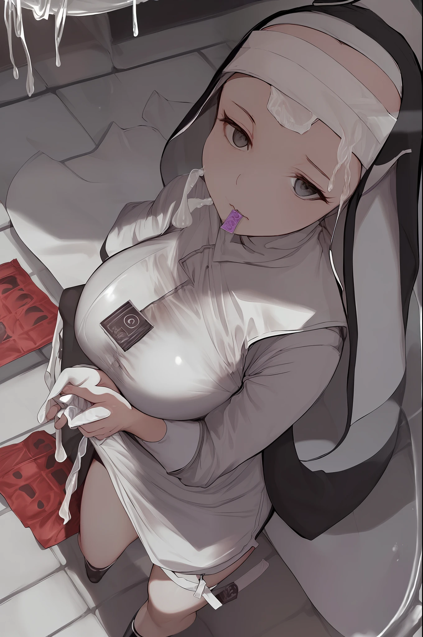 (8k, best quality, masterpiece: 1.2), \ (detailed eyes), \ (detailed facial features), \(\ (detailed clothing features\)\), upper body, (), (face focus), extremely detailed CG Unity 8k wallpaper, huge file size, hyper-detail, high resolution, absurdity, beautiful eyes, ray tracing, dramatic shadows, fine details, dramatic angles, high saturation, lens glare, (standing), soft light, detailed skin texture, Detailed costume texture, looking at the audience, twisted braids
1 girl, mature woman, black porcelain dress, ((((thigh hanging with used condom, a whole bunch of open condoms, all on the floor, white liquid on the nun)))), money on the ground, (sweat flush, money, bite the condom, hold the condom, use the condom hanging on the chest and leg strap)) at the door ((sweat flush, bite the condom, hold the condom, use the condom hanging on the chest, condom after use))