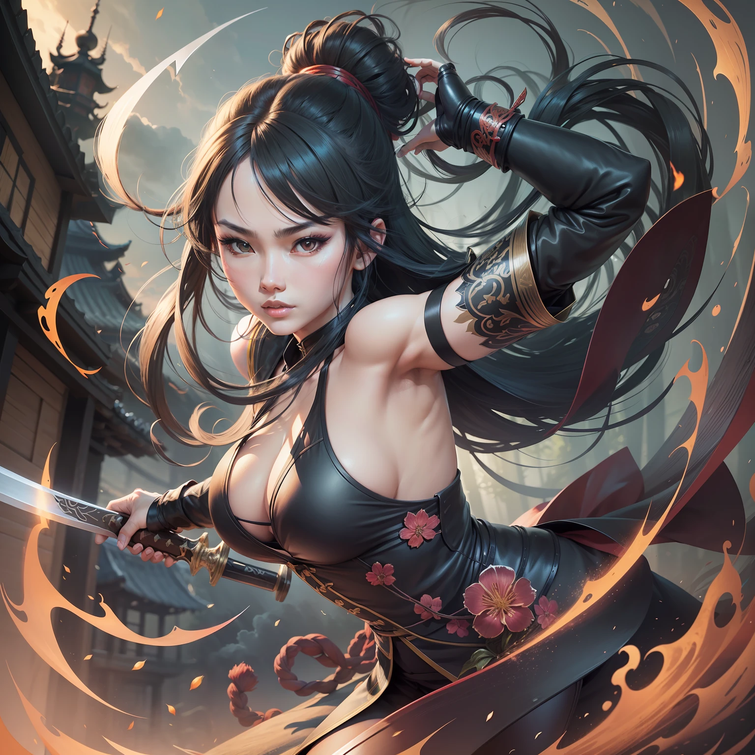 Swordswoman girl in battle pose on top of a bamboo,oriental,Blade and Soul,ink style,long black hair,overcoat,sunset,3D,4K,Detailed,Realistic