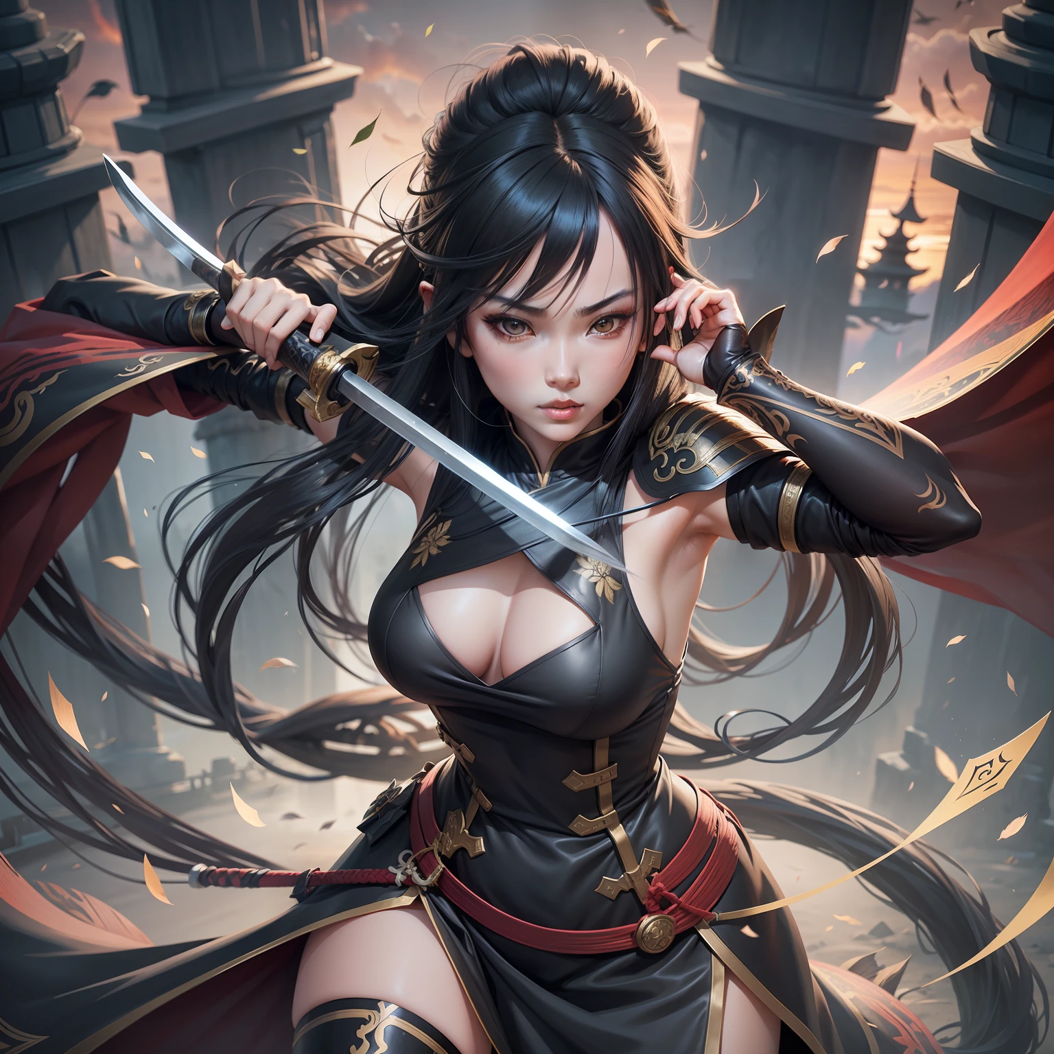 Swordswoman girl in battle pose on top of a bamboo,oriental,Blade and Soul,ink style,long black hair,overcoat,sunset,3D,4K,Detailed,Realistic