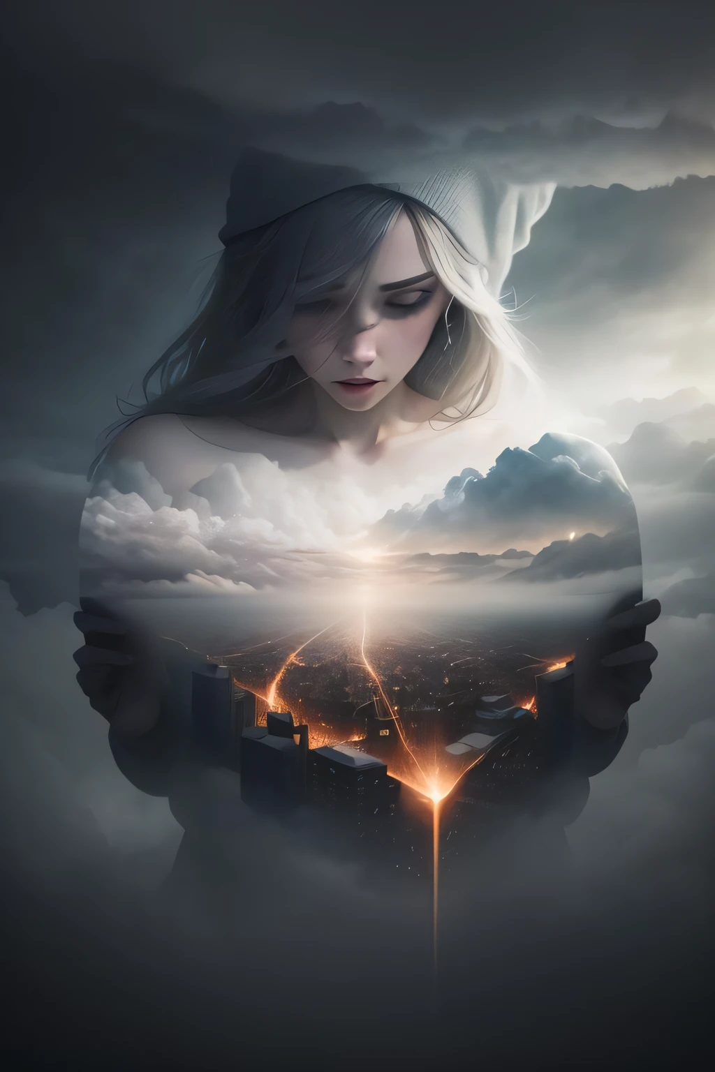 [foggy cityscape in the distance : very pretty girl, city:0.33] immersed in a giant flow of wind, living in a thunder cloud, behind the cloud, (double exposure:1.3), mist, surreal dream, gray atmosphere, rainy day, dynamic, lut, hdr