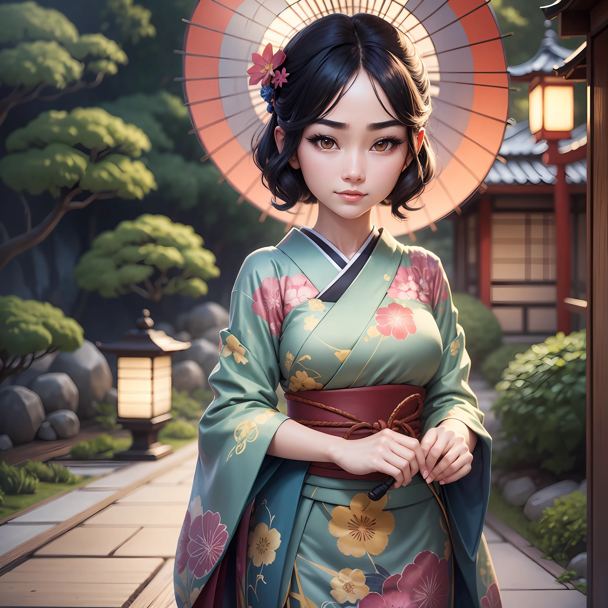 An extremely beautiful Japanese Gueisha, wearing a Gueisha clothing ,in a Japanese garden, holding an Japanese umbrella, pixar artstyle, emotional eyebrows, enigmatic smile, cinematic rim light, very feminine figure, dynamic juxtaposition, young woman, very high quality face, exploitable image, face neck shoulders, beautiful very feminine woman, stylized dynamic folds, serene woman, Pixar artstyle