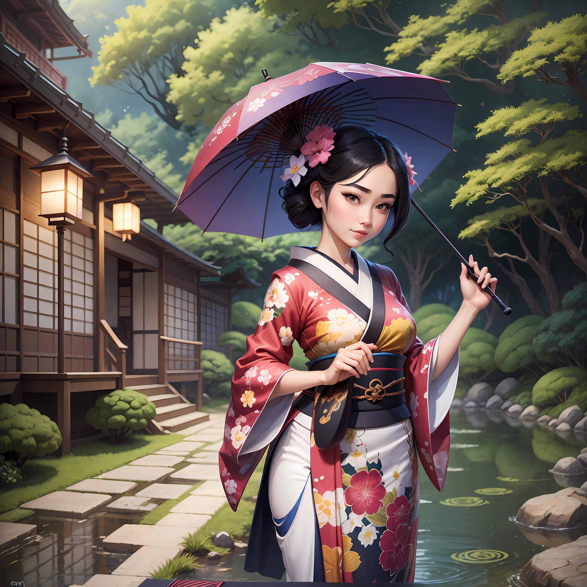 An extremely beautiful Japanese Gueisha, wearing a Gueisha clothing ,in a Japanese garden, holding an Japanese umbrella, pixar artstyle, emotional eyebrows, enigmatic smile, cinematic rim light, very feminine figure, dynamic juxtaposition, young woman, very high quality face, exploitable image, face neck shoulders, beautiful very feminine woman, stylized dynamic folds, serene woman, Pixar artstyle