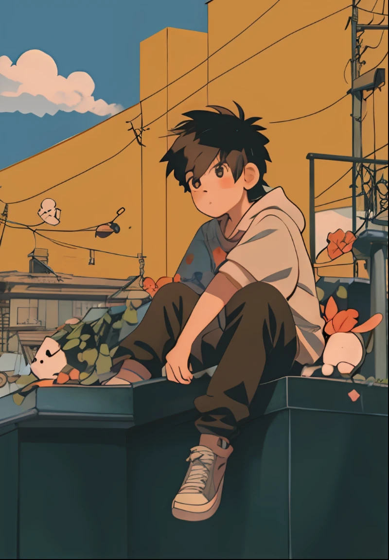 anime boy sitting on a ledge with stuffed animals, cute art style, lofi artstyle, cute detailed digital art, anime aesthetic, cute anime, high quality anime artstyle, anime boy, anime artstyle, cute detailed artwork, soft anime illustration, lofi girl, lofi aesthetic, lofi art, lofi, cute artwork, high quality fanart, illustrated anime
