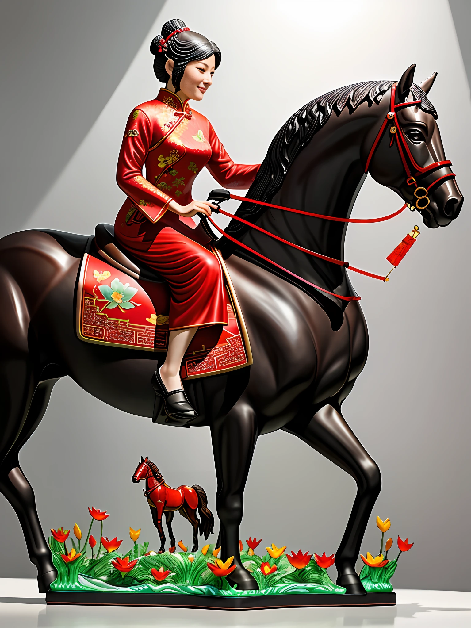 A first-class work of glazed sculpture artwork, a middle-aged woman in red ((traditional cheongsam)) riding on a red war horse shaking the flag, horse stepping on lotus flowers, dazzling, transparent, transparent, multicolored sunlight, complex light transmission, refraction, glass, glass, glazed, high quality, realistic sculpture photos, artwork, 8k