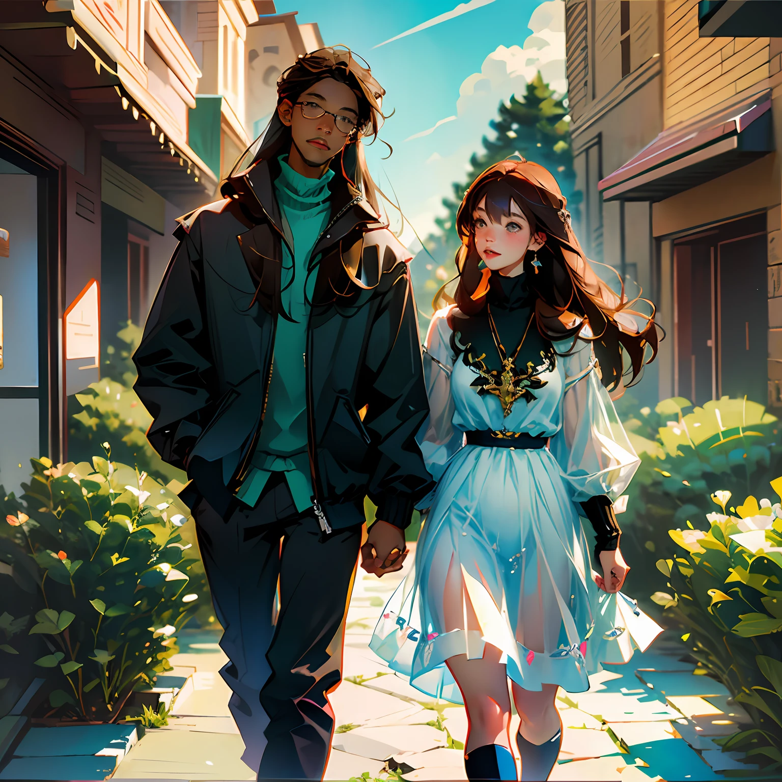 masterpiece, (anime), cute, romantic, best quality, 2others, couple, mature, adult, height difference, different fashion, different color, casual clothes, long sleeves, smile, happy, love, swirling wind, blue sky, long-haired man, light brown haired man, black-haired woman, long-haired woman, bespectacled woman, cafeteria --auto --s2