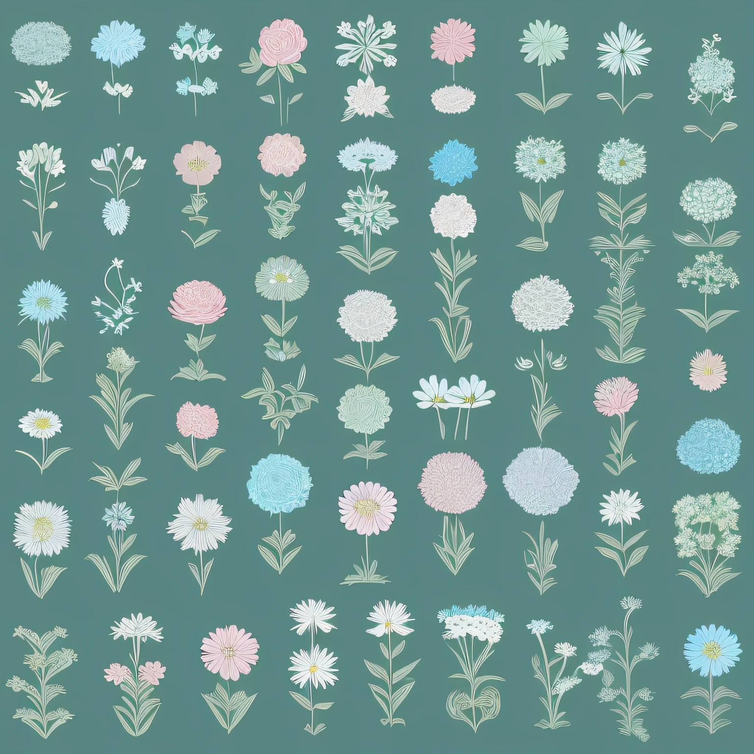 Set design of small flowers, label style, flat style, vector style, drawing style, naïve style, in very soft pastel colors such as light blue, pink, pastel purple, pastel green, pastel blue, blue, emerald, pastel blue, light blue, beige, light pastel yellow.