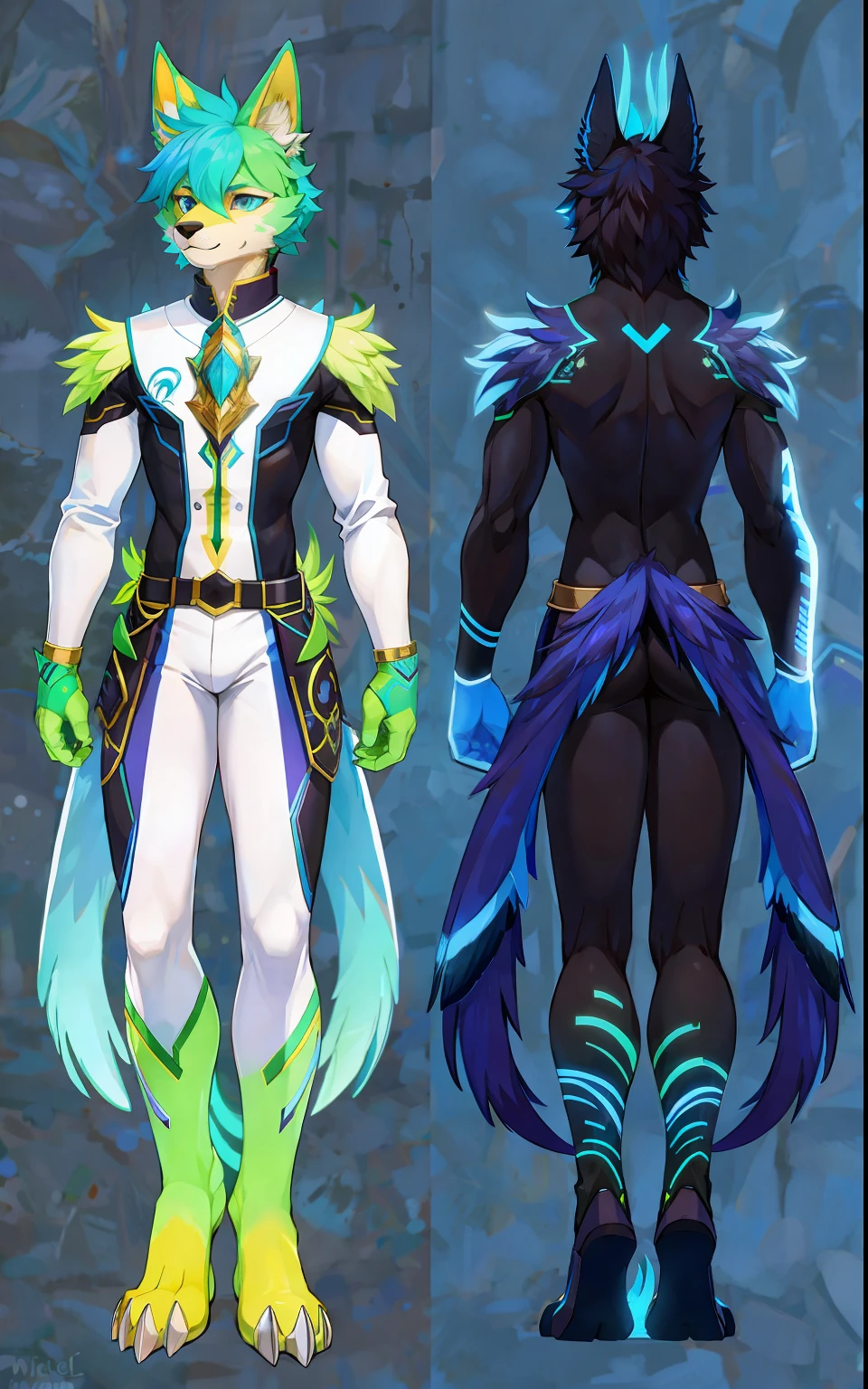 detailed full body concept, full body details, fullbody commission for, feather suit, full body detailed, male anthro Regulus, whole body highly detailed, highly detailed full body, detailed full body, neon patterns, full body concept, full body Regulus wolf dog concept, feathers on tail, two tails, concept design, electric blue and neon green fur that blends with bright yellow, black spine spikes, front and back view, male