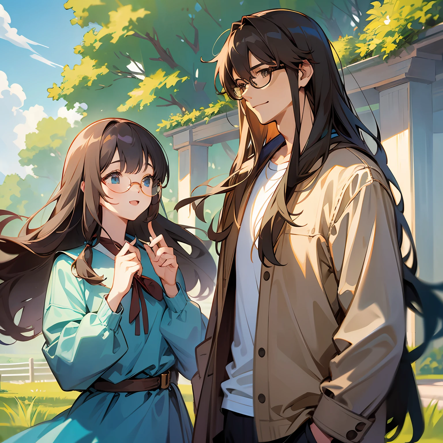 masterpiece, (anime), cute, romantic, best quality, 2others, couple, mature, adult, height difference, different fashion, different color, casual clothes, long sleeves, smile, happy, love, swirling wind, blue sky, long-haired man, light brown haired man, black-haired woman, long-haired woman, bespectacled woman, lake --auto --s2