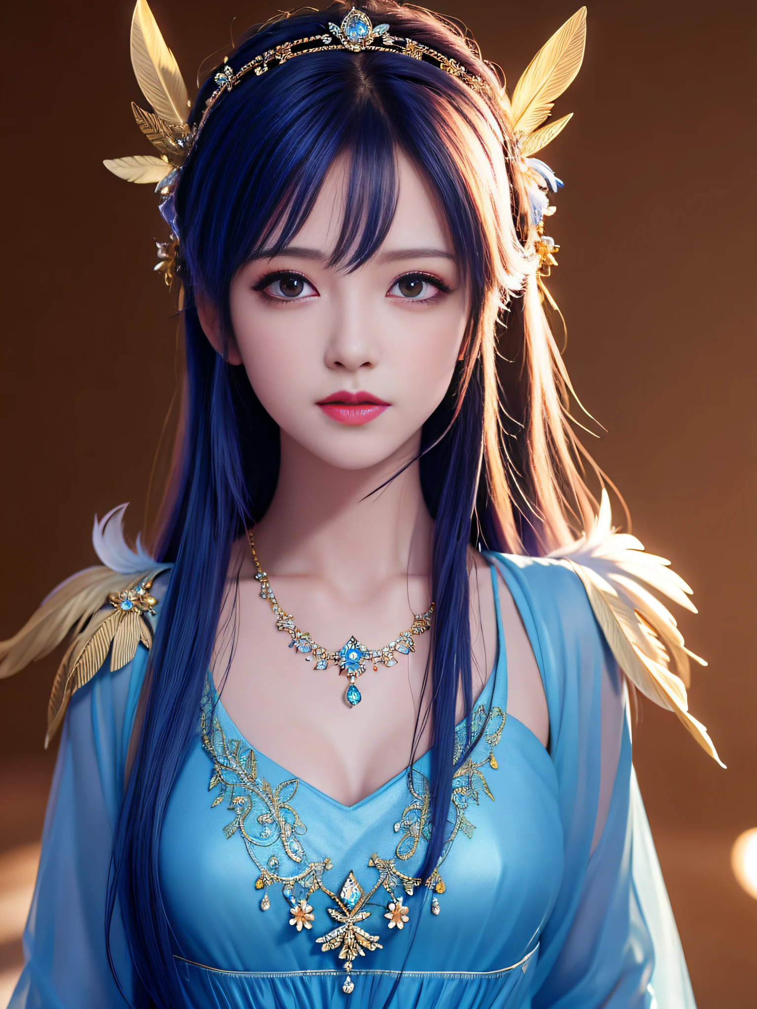 Best Quality, Masterpiece, High Resolution, 1Girl, Blue Long Gauze Dress, Crystal Crown, Feathers, Hair Accessories, Short Hair, Necklace, Jewelry, Beautiful Face, Physically, Tyndall Effect, Realistic, Shadow Studio, Edge Lighting, Two-Color Lighting, (High Detail Skin: 1.2), 8k UHD, DSLR, Soft Light, High Quality, Volumetric Light, Voy Shot, Photo, High Resolution, 4K, 8K, Background Blur,