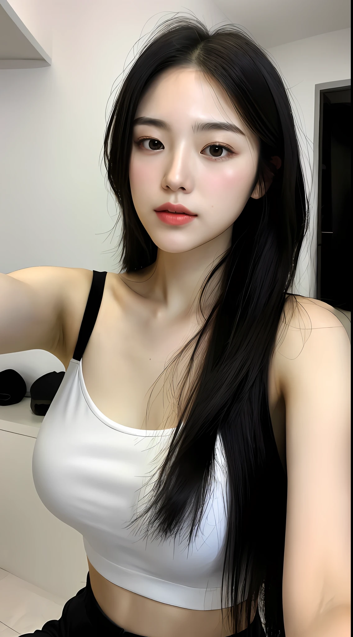 realistic photos of (1 cute Korean star) Shoulder-length hair, thin makeup, big breasts size, wearing black tanktop, selfie, clear facial features of Canon EOS, 8K high resolution, sharp and realistic details.