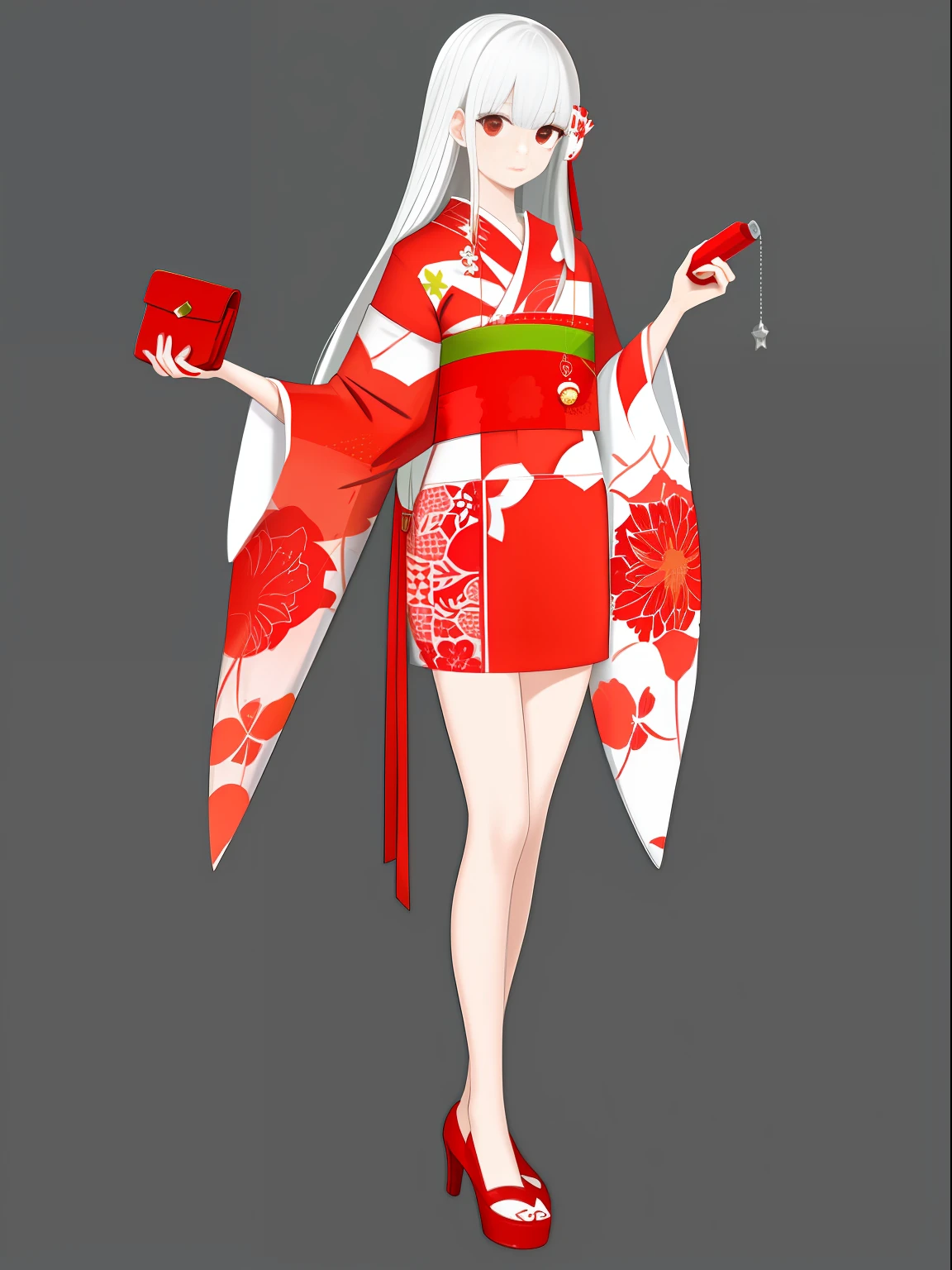 (Representative work: 1.2, highest image quality), ((((Plain background)))), (((Red and white carp pattern kimono)), Nishikigoi woman, 1 pretty woman, perfect anatomy, standing figure, (((full body))), carp girl, clear eyes, black eyes, eyes and mouth are impressive, red and white obi, young woman, silver-white hair, long hair, kimono style, holding a red and white clutch bag,