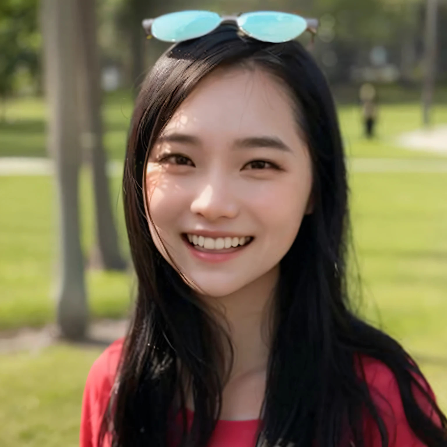 Portrait of Aalfed woman in sunglasses smiling in the park, portrait of Ren Shuxian, Catherine Lin, Zhang Tingting, Chen Maiying, Leslie Cheung, Chen Gema, Wu Xirui, Liu Chengyou, Ye Wenfei, Lin Qifeng, Xu Zhelong, Chen Lulu, Zhou Meiling, Chen Biling, Zhenze, shot in Canon 90D II, HD portrait