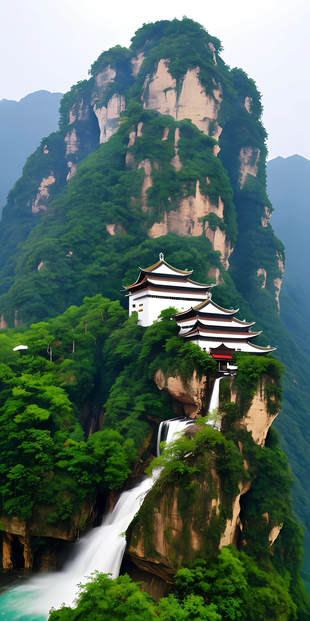 a large building with a small waterfall on it, in the style of northern china's terrain, atmospheric clouds, webcam photography, clear edge definition, he jiaying, passage, fujishima takeji --ar 9:16 --v 5.1