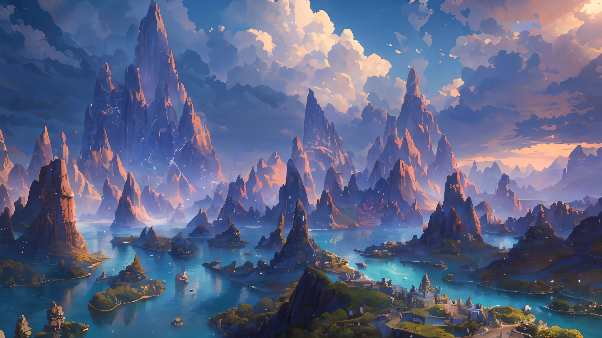 Masterpiece, best quality, high quality, extremely detailed CG unity 8k wallpaper, landscape, outdoor, sky, clouds, sky, no humans, mountain, landscape, water, tree, blue sky, waterfall, cliff, nature, lake, river , cloudy skies, award winning photography, bokeh, depth of field, HDR, bloom, chromatic aberration, photorealism, very detailed, trending on artstation, trending on CGsociety, intricate, high detail, dramatic, half way art