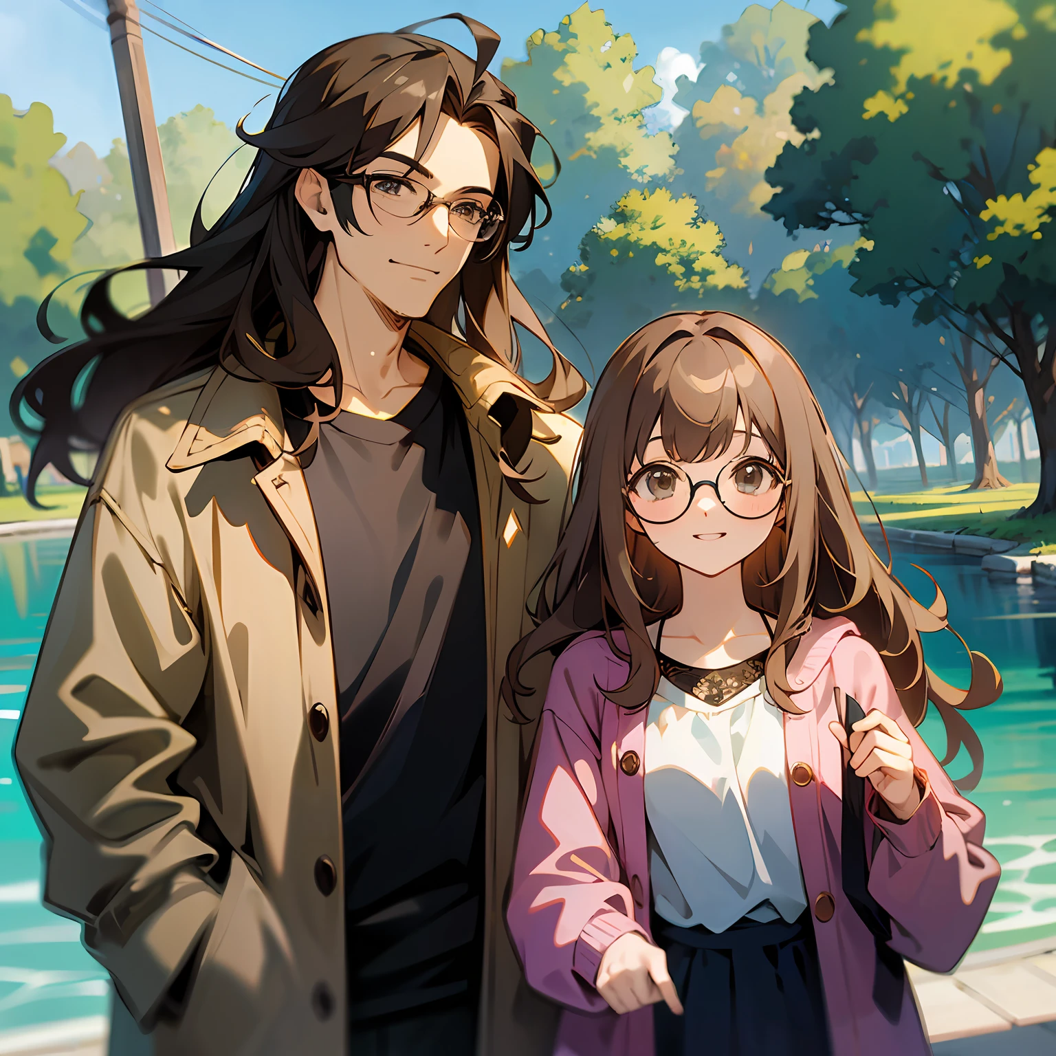 masterpiece, (anime), cute, romantic, best quality, 2others, couple, mature, adult, height difference, different fashion, different color, casual clothes, long sleeves, smile, happy, love, swirling wind, blue sky, long-haired man, light brown haired man, black-haired woman, long-haired woman, bespectacled woman, pond --auto --s2