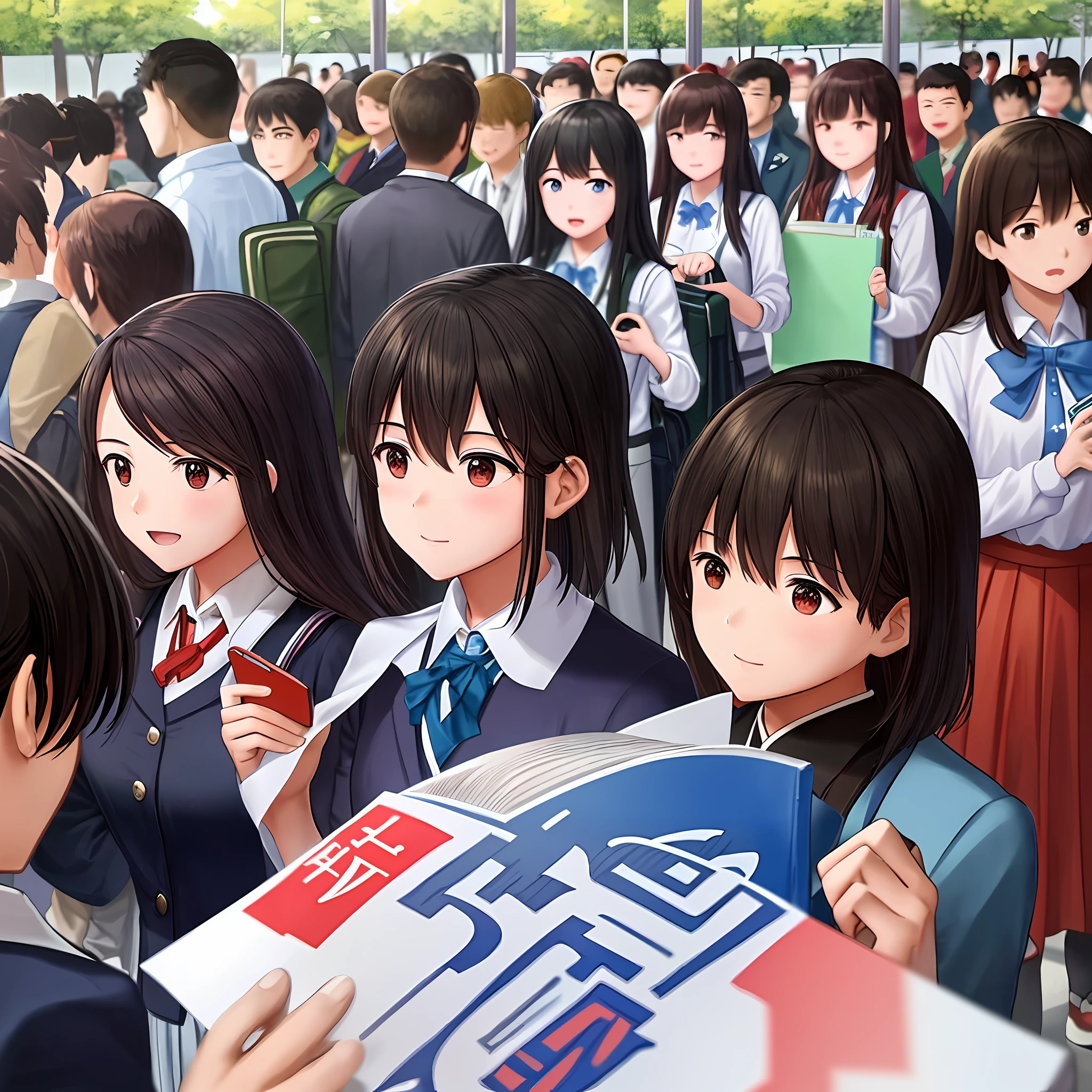 "(((best quality))),(((ultra detailed))),(((masterpiece))),illustration, Chinese college entrance examination (gaokao) concludes, relieved students celebrating, a triumphant student raising their fist in victory, anxious students checking their answers, teachers collecting exam papers, a crowded exam hall filled with desks and students, sunlight streaming through the windows, school banners and flags adorning the walls, parents eagerly waiting outside the exam center, a diverse group of students from various backgrounds, a mix of emotions including relief, anticipation, and exhaustion, a sense of accomplishment and the beginning of a new chapter, a peaceful and serene campus setting as the backdrop"