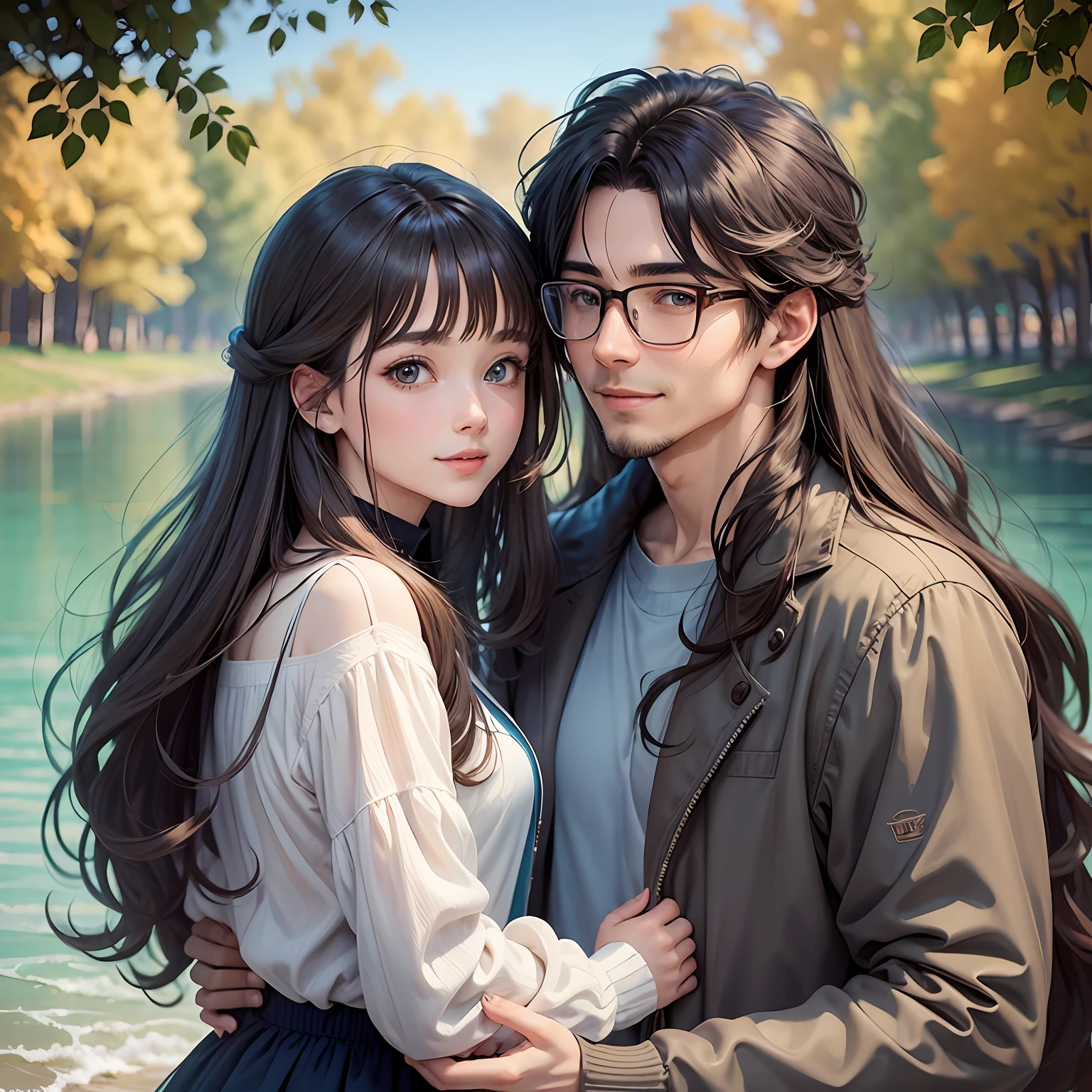 masterpiece, (anime), cute, romantic, best quality, 2others, couple, mature, adult, height difference, different fashion, different color, casual clothes, long sleeves, smile, happy, love, swirling wind, blue sky, long-haired man, light brown haired man, black-haired woman, long-haired woman, bespectacled woman, ducks, lake --auto --s2