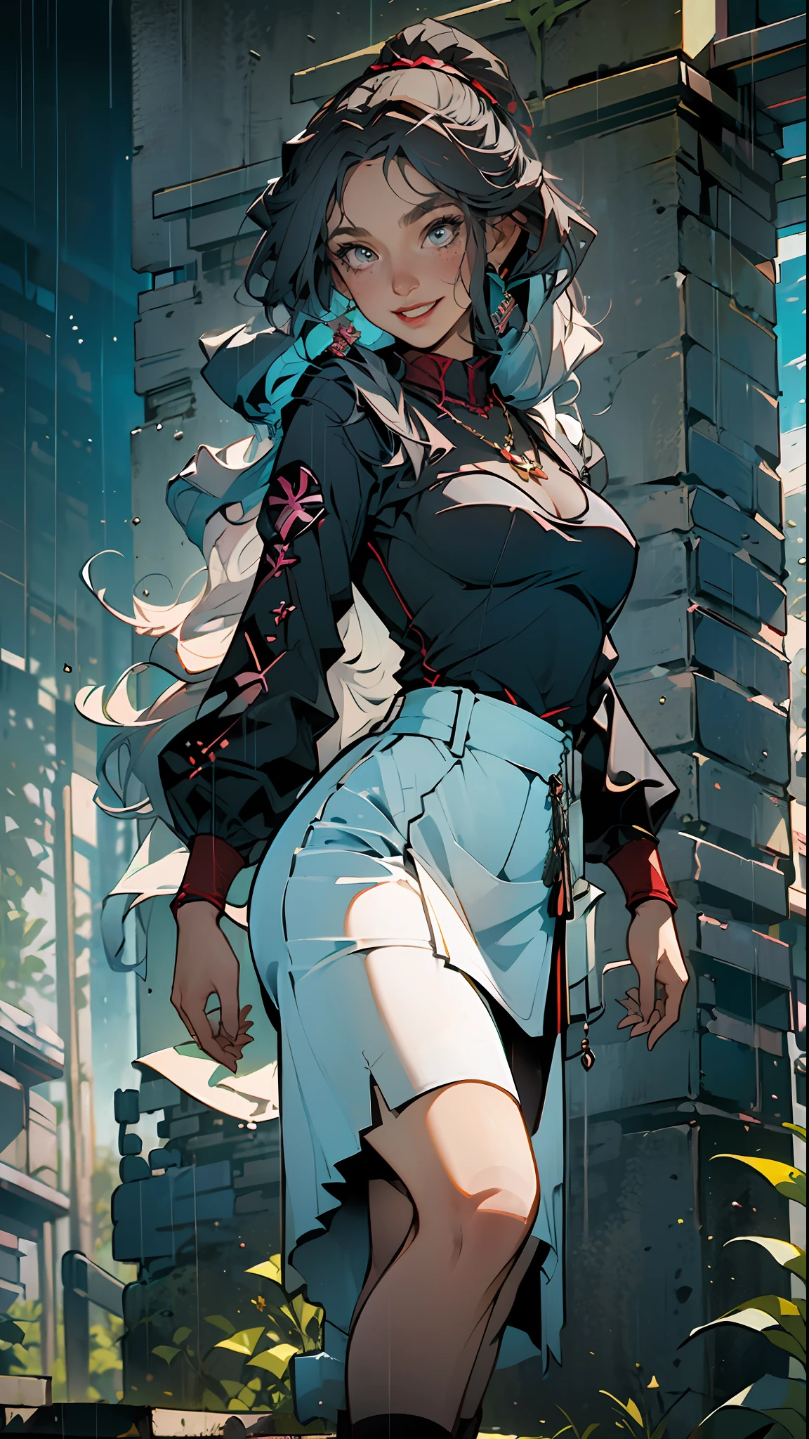 Best Quality, Beautiful Black Haired Woman, Action Pose, (Realism: 2.0), Best Quality, Master, Masterpiece, Best Quality, Highly Detailed CG unity 8K wallpaper, Surreal, Surreal Image, (Medium Chest Tight), Very Silly, Huge File Size, Highly Detailed, High Resolution, Highly Detailed, (Medium Breasts: 50.0), ((Medium Breasts)), (Medium Breasts), (((Long Golden Curly Hair)), Ponytail, (((Medium Breasts)))), ((full figure)) , ((convex breasts)), (nude), (detailed hair), (detailed face), (detailed figure), white and translucent, (real texture), incomparable beauty, long legs, (hanging shirt and short skirt raised Red and white lace front), ((prominent panties)), ((ruby necklace)), ((red earrings)), (mature woman), (red lips), (white breasts), (beauty spots), (shy), (triumphant smile), facing the audience, (outdoors), winter, (snowfall), (light rain) #1974Bot