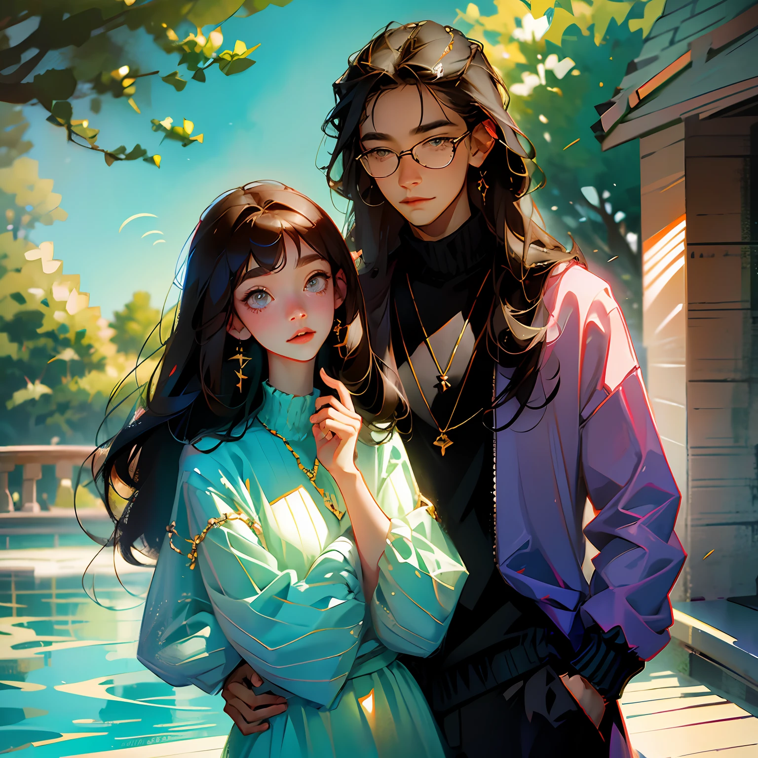 masterpiece, (anime), cute, romantic, best quality, 2others, couple, mature, adult, height difference, different fashion, different color, casual clothes, long sleeves, smile, happy, love, swirling wind, blue sky, man with long hair, man with light brown hair, woman with black hair, woman with long hair, woman with glasses, swan, lake --auto --s2
