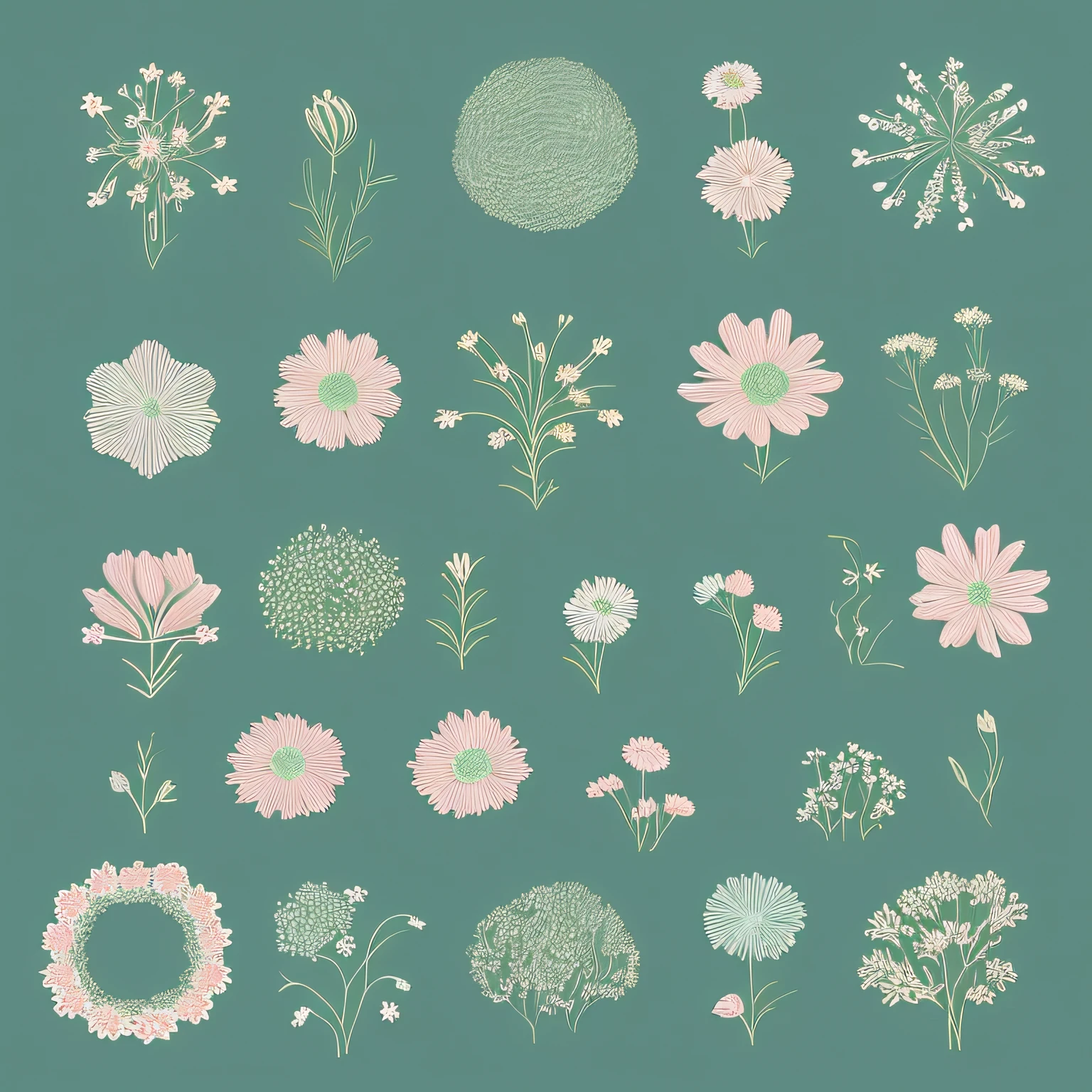 Set design of small flowers, label style, flat style, vector style, drawing style, naïve style, in very soft pastel colors such as light blue, pink, pastel purple, pastel green, pastel blue, blue, emerald, pastel blue, light blue, beige, light pastel yellow.