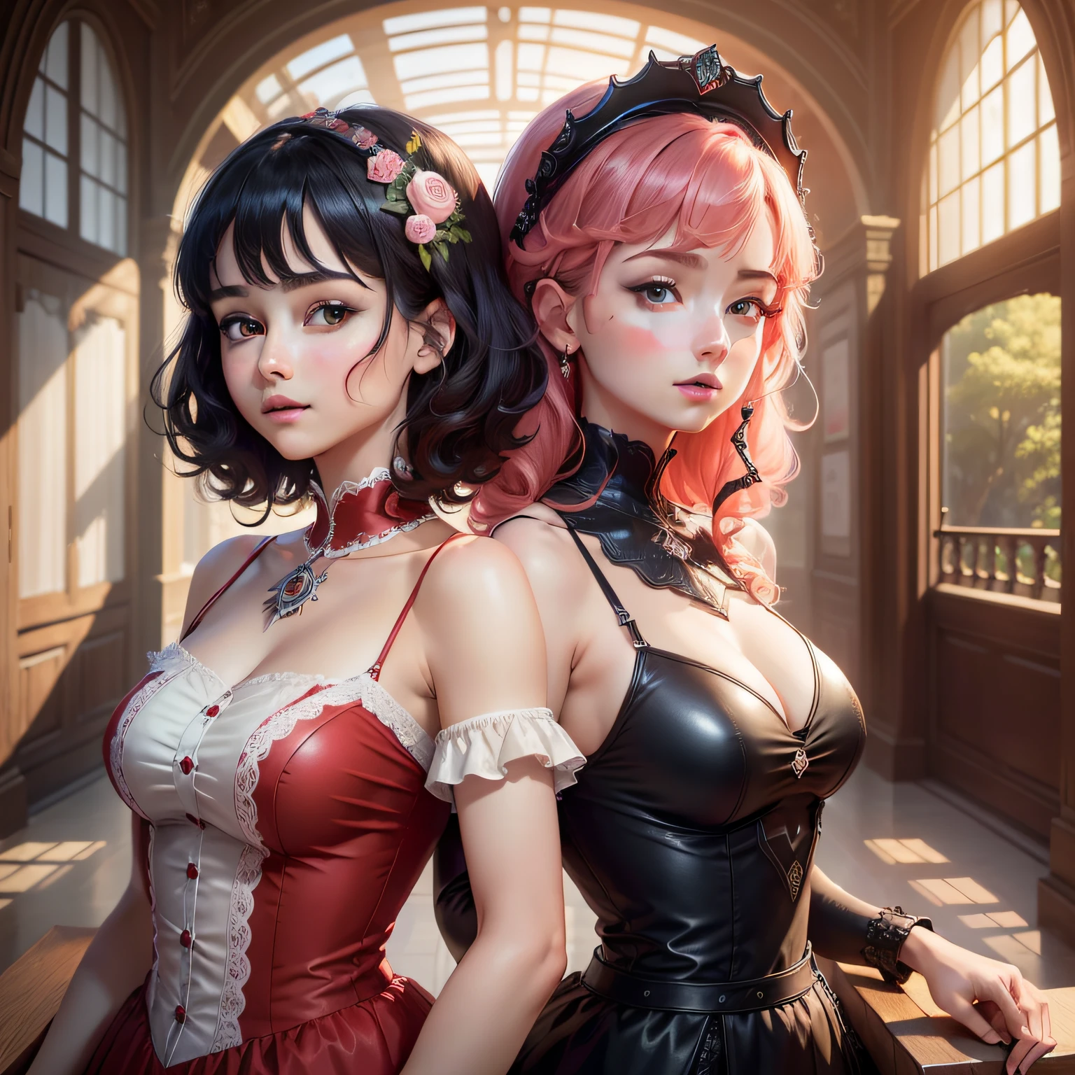 ((high quality)), ((masterpiece)), 8k, 2girls, rays of light, 8k wallpaper of extremely detailed unit CG, game, looking at the viewer, red dress, woman with short curly black hair, other woman with pink straight hair, black dress, couple, sarcastic
