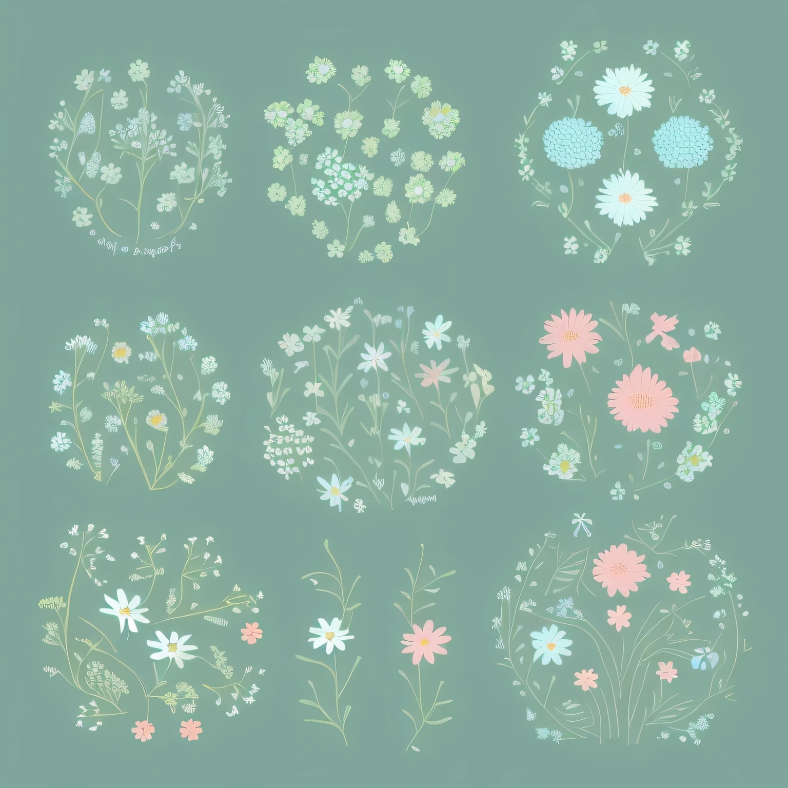 Set design of small flowers, label style, flat style, vector style, drawing style, naïve style, in very soft pastel colors such as light blue, pink, pastel purple, pastel green, pastel blue, blue, emerald, pastel blue, light blue, beige, light pastel yellow.