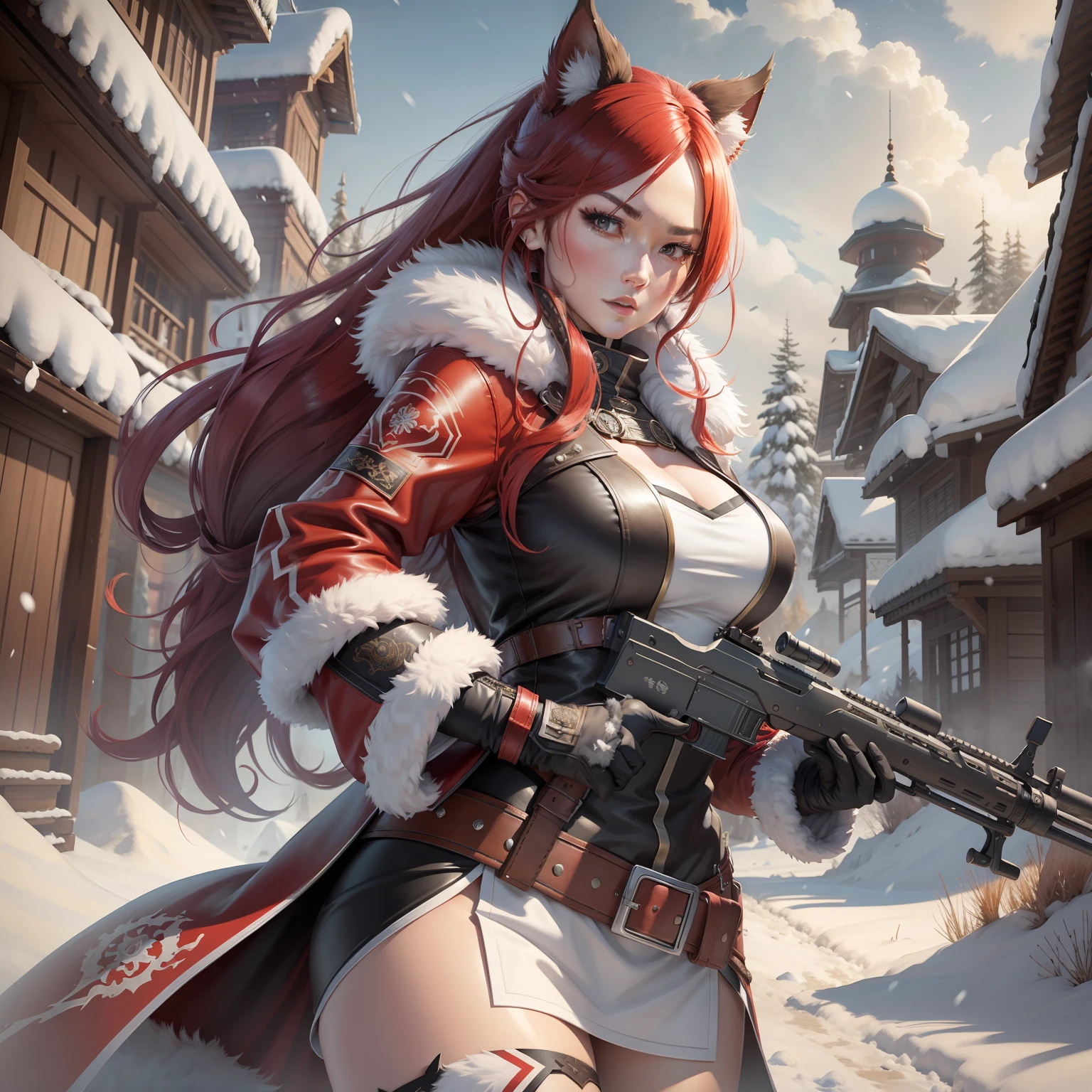 Huntress girl holding a rifle in snow battle pose,oriental,Blade and Soul,ink style,long red hair,leather and fur coat,Cold,Artwork,3D,4K,Detailed,Realistic