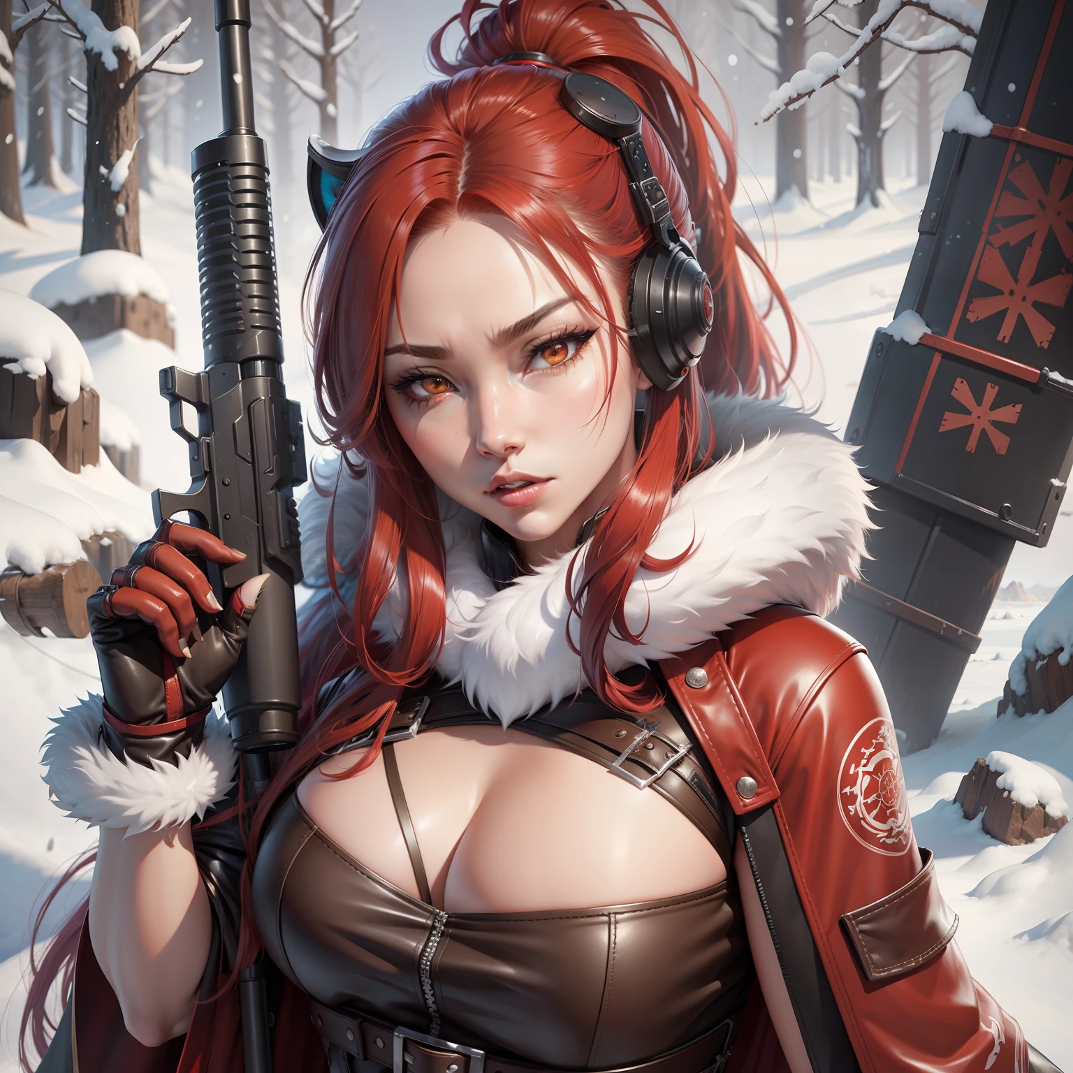 Huntress girl holding a rifle in snow battle pose,oriental,Blade and Soul,ink style,long red hair,leather and fur coat,Cold,Artwork,3D,4K,Detailed,Realistic