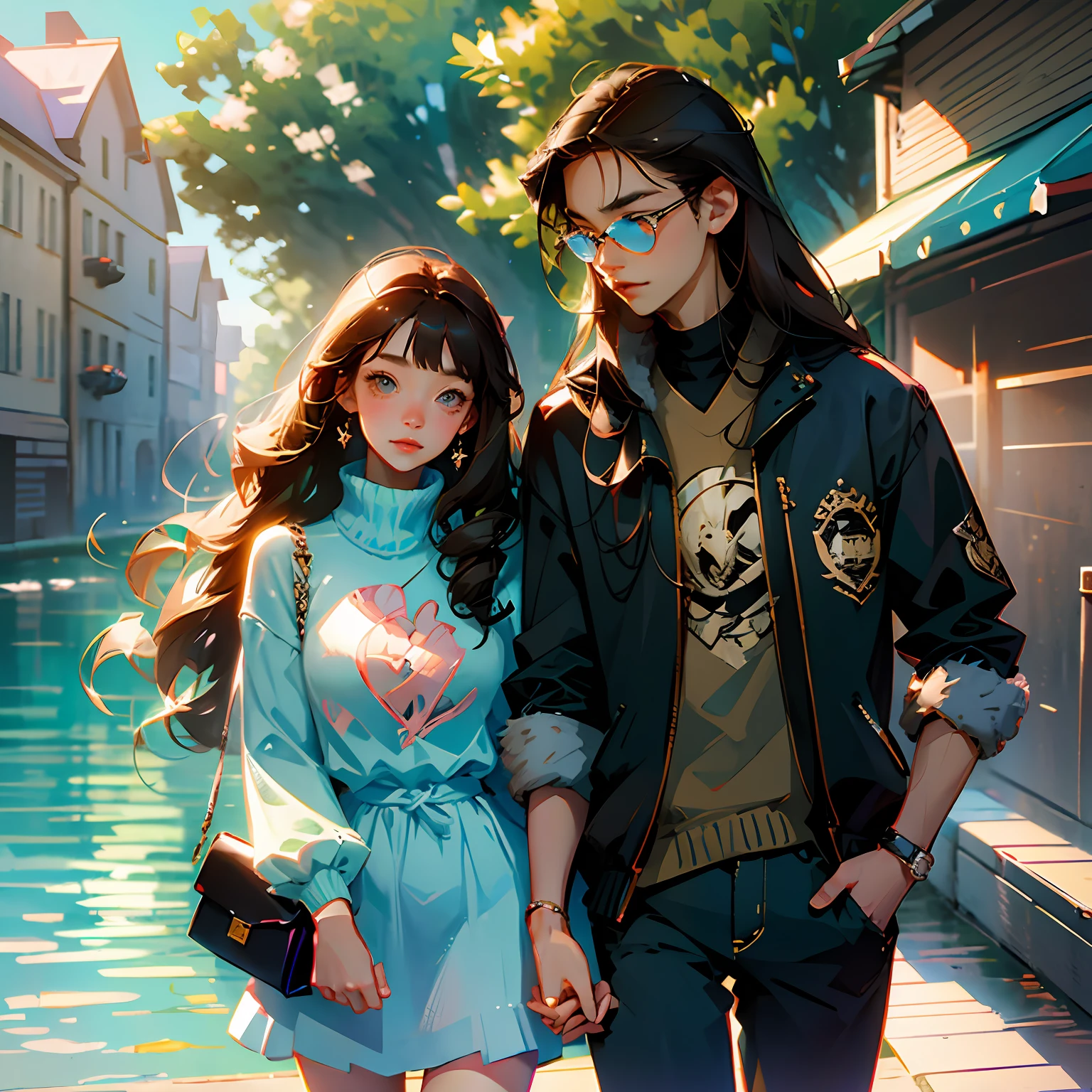 masterpiece, (anime), cute, romantic, best quality, 2others, couple, mature, adult, height difference, different fashion, different color, casual clothes, long sleeves, smile, happy, love, swirling wind, blue sky, man with long hair, man with light brown hair, woman with black hair, woman with long hair, woman with glasses, bus --auto --s2