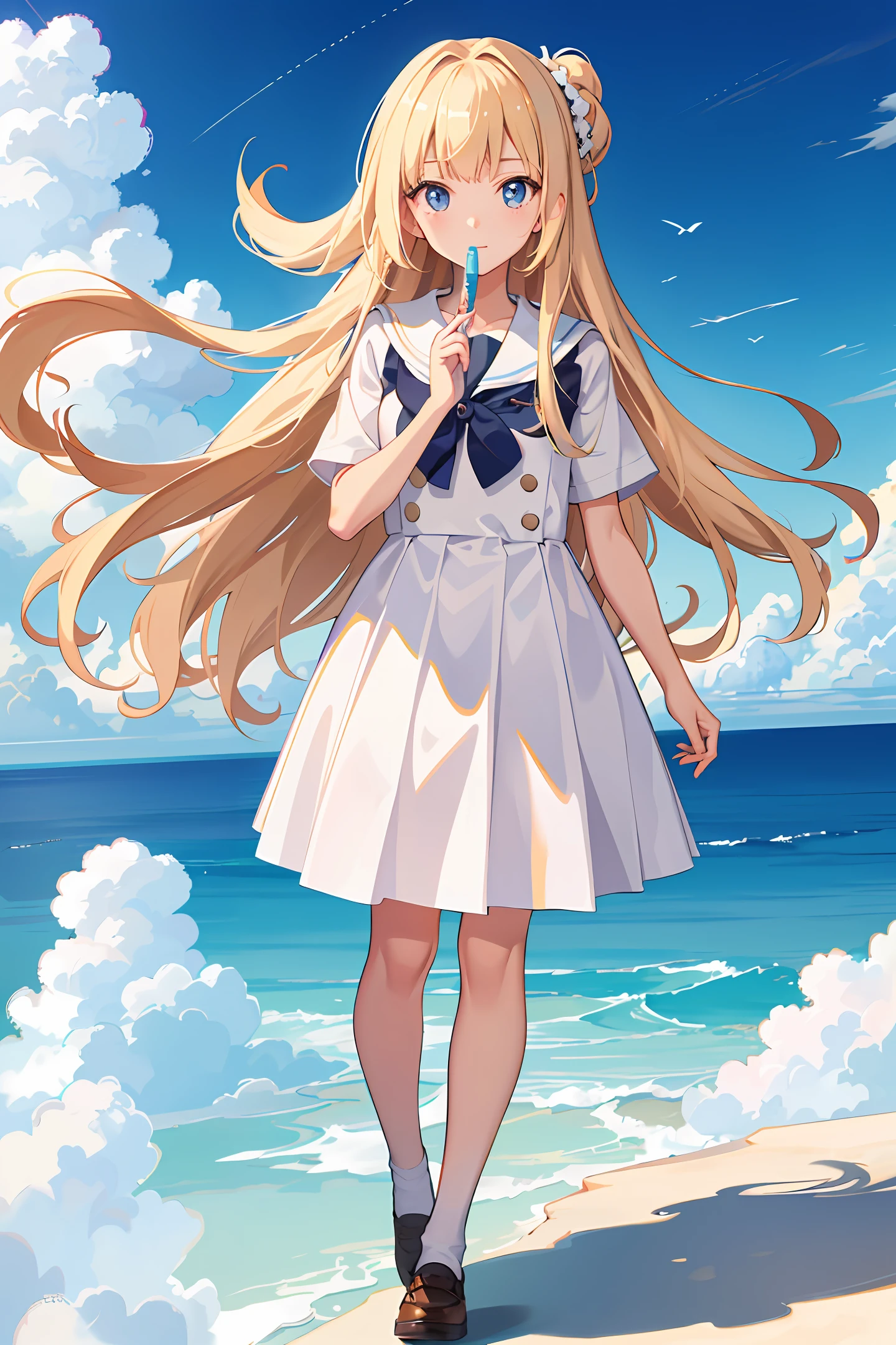 4K, high image quality, masterpiece, highest quality, anime, illustration, digital illustration, straight and long blonde, little girl, one schoolgirl, neat, white clothes, outdoors, night, watching viewer