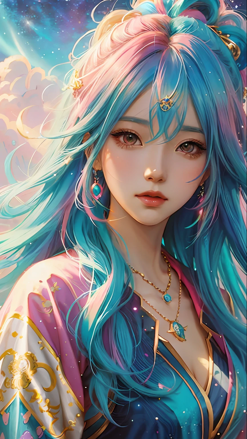 a close up of a woman with colorful hair and a necklace, anime girl with cosmic hair, rossdraws pastel vibrant, artwork in the style of guweiz, fantasy art style, colorful]”, vibrant fantasy style, rossdraws cartoon vibrant, cosmic and colorful, guweiz, colorfull digital fantasy art, stunning art style, beautiful anime style