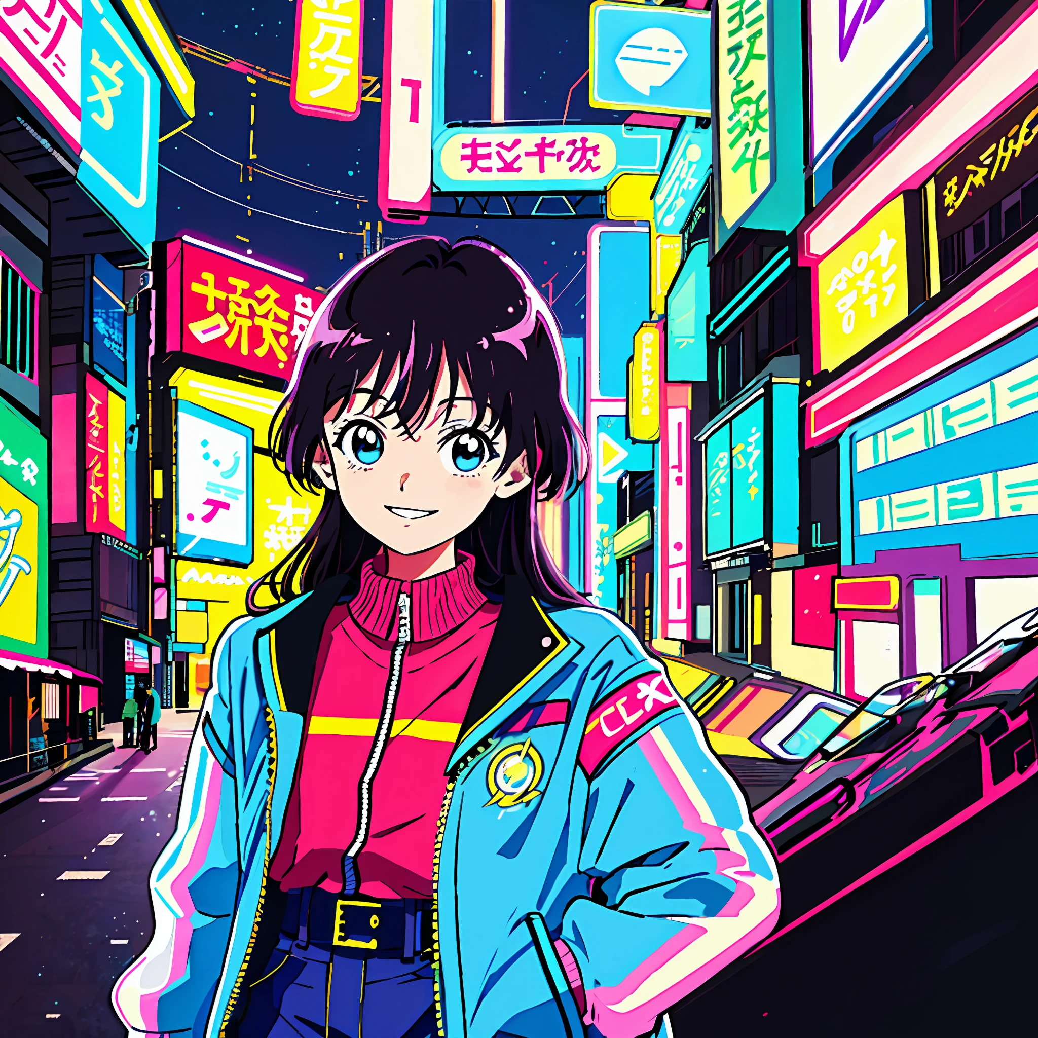 masterpiece, best quality, 1girl, city pop, night, neon lights, looking at another, upper body, vector illustration, jacket, light smile, dull bangs, long hair, 80s, old, art, neo tokyo, neon street, one person