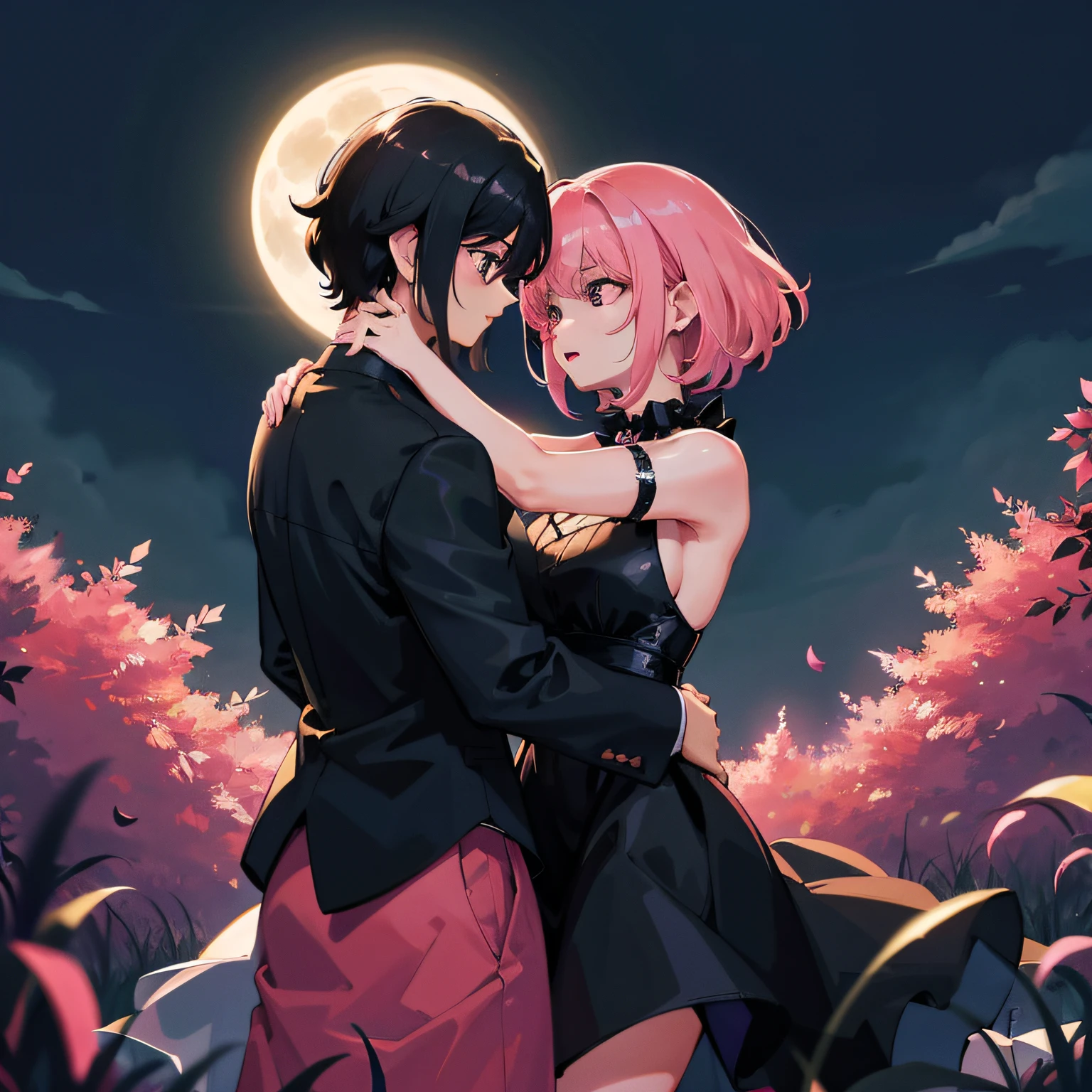 woman with short curly black hair, other woman with pink straight hair, black dress, forest, night, dancing, moon, witches, couple