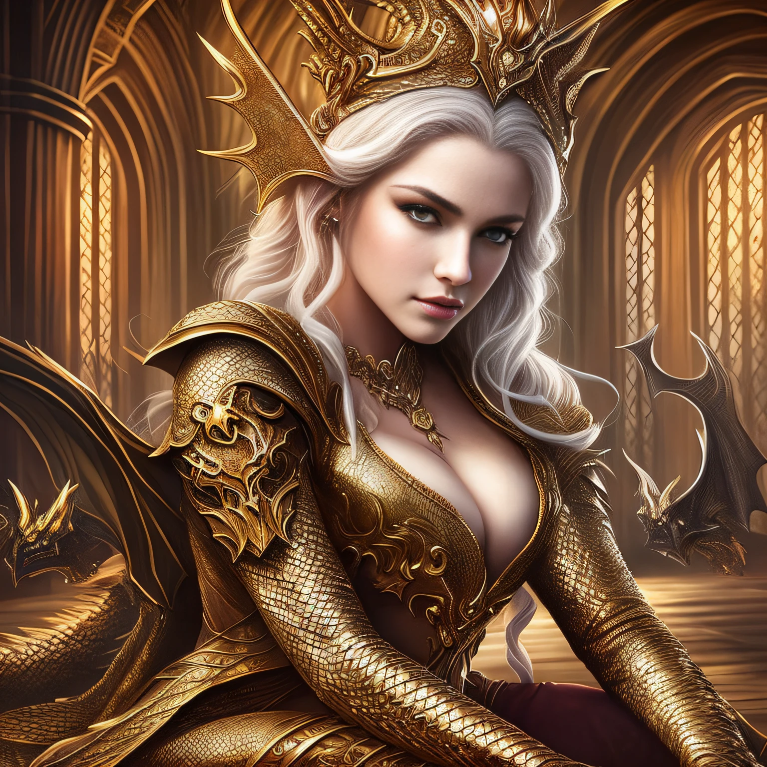 masterpiece, hyper realistic, detailed eyes, detailed face, a close up of a woman in a costume sitting on a floor, queen of dragons, dragon queen, fantasy woman, elf queen, detailed fantasy art, a beautiful fantasy empress, 4k fantasy art, dragon girl, amazing fantasy art, female lord of change, queen of snakes, beautiful elegant demon queen, the dragon girl portrait, epic fantasy art style hd --auto --s2