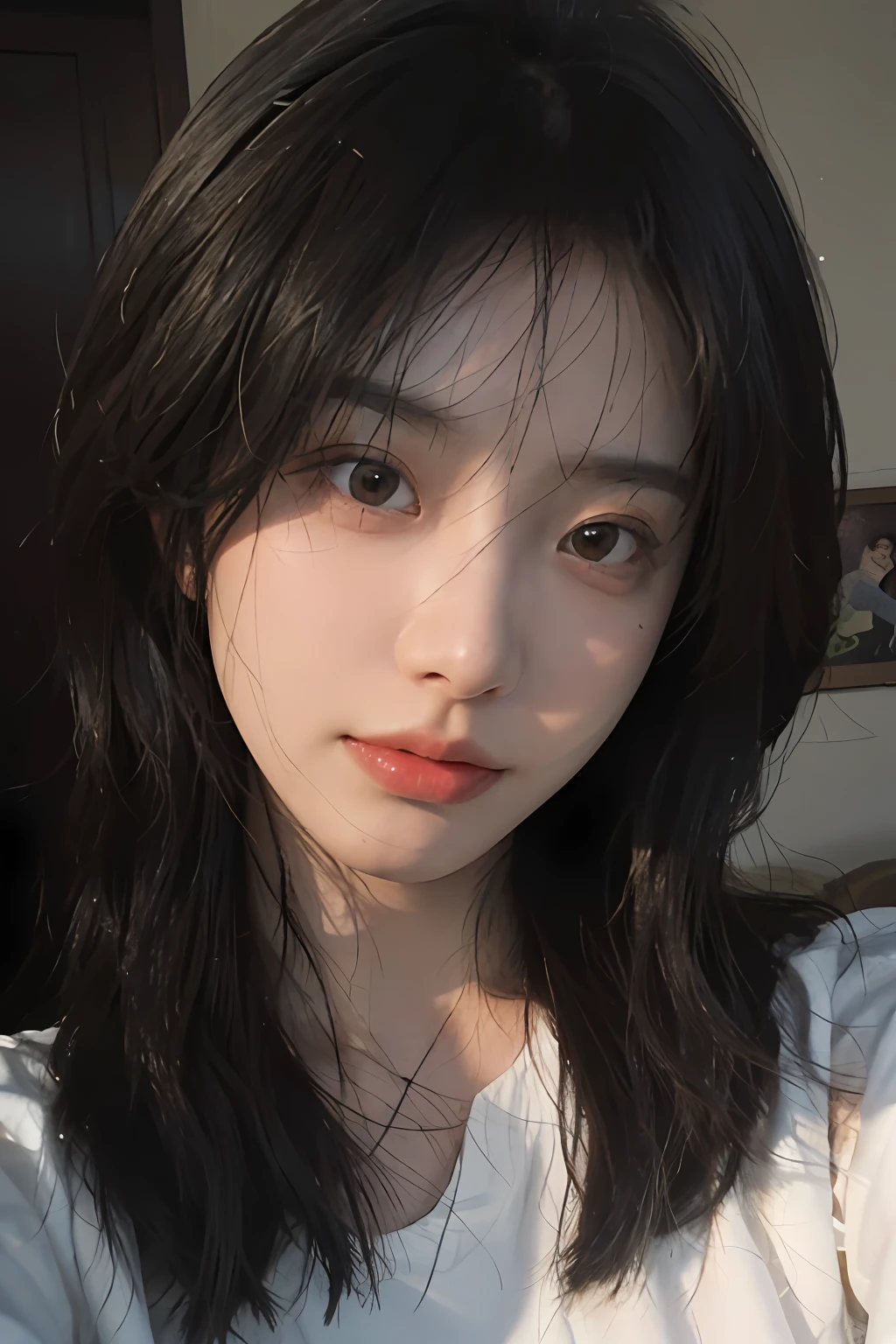 8K, Sunlight, Best Quality, Masterpiece, Ultra High Resolution, (Realism: 1.4), Original Photo, (Real Skin Texture: 1.3), (Film Grain: 1.3), (Selfie Angle), 1 Girl, Beautiful Eyes and Face Details, Masterpiece, Best Quality, Close-up, Upper Body, Looking at the Viewer
