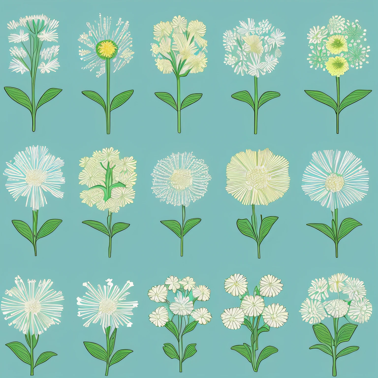 Set design of small flowers, label style, flat style, vector style, drawing style, naïve style, in very soft pastel colors such as light blue, pink, pastel purple, pastel green, emerald, pastel blue, beige, pastel light yellow.