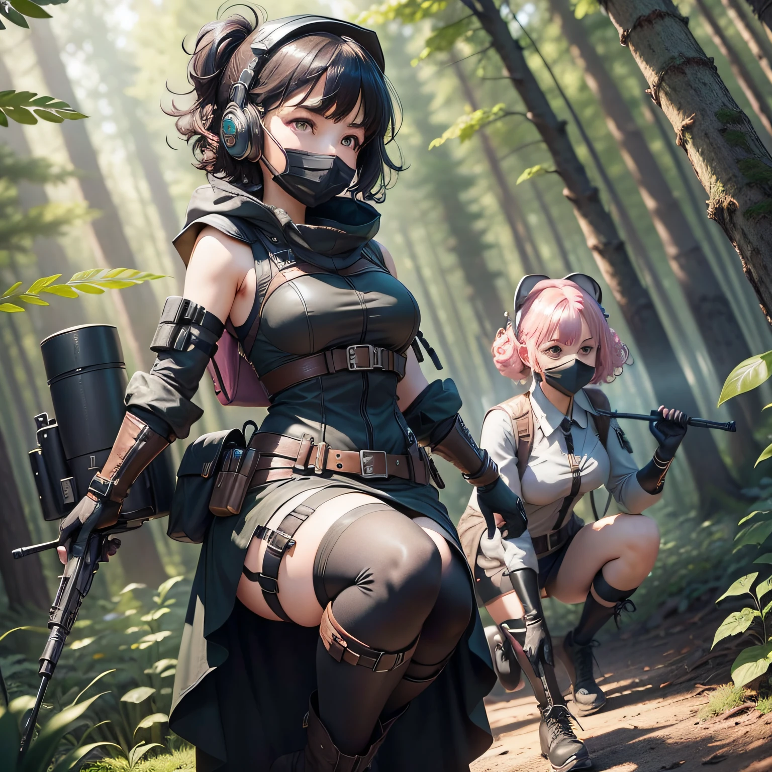 ((high quality)), ((masterpiece)), 8k, 2girls, bulletproof vest, rays of light, 8k wallpaper of extremely detailed CG unit, cg game, looking at viewer, gloves, boots, full body, watch, computer, mask, drone, holding gun, headphones, jacket, purse, backpack, woman with curly short black hair, other woman with pink straight hair, black dress, forest, night, dancing, moon, witches, couple